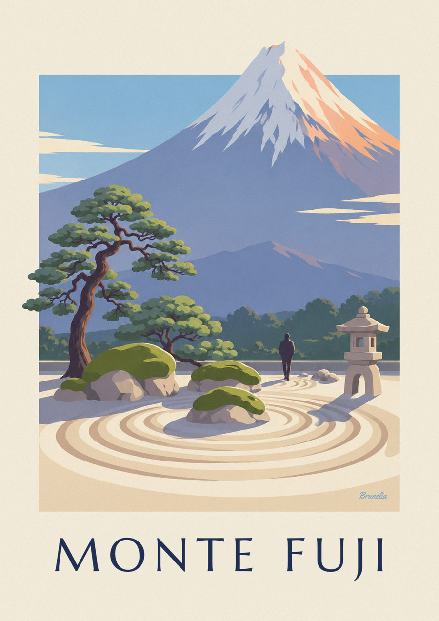 Cartaz de um jardim zen japonês diante do monte Fuji