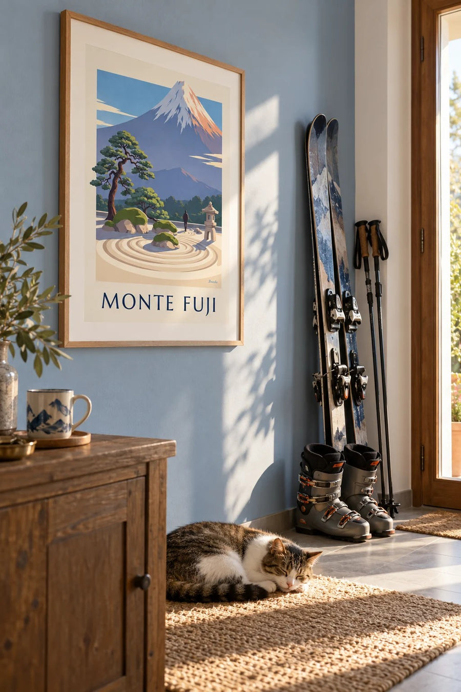 Cartaz de um jardim zen japonês diante do monte Fuji: emoldurado na parede