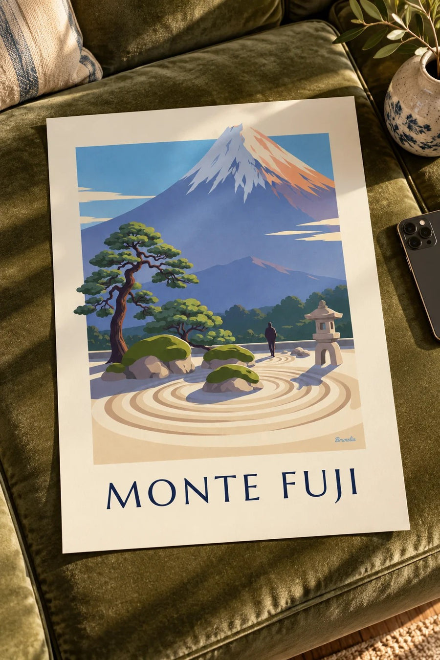Cartaz de um jardim zen japonês diante do monte Fuji: pousado numa mesa