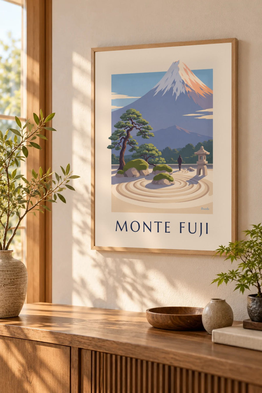Cartaz de um jardim zen japonês diante do monte Fuji: pequeno formato A4 emoldurado