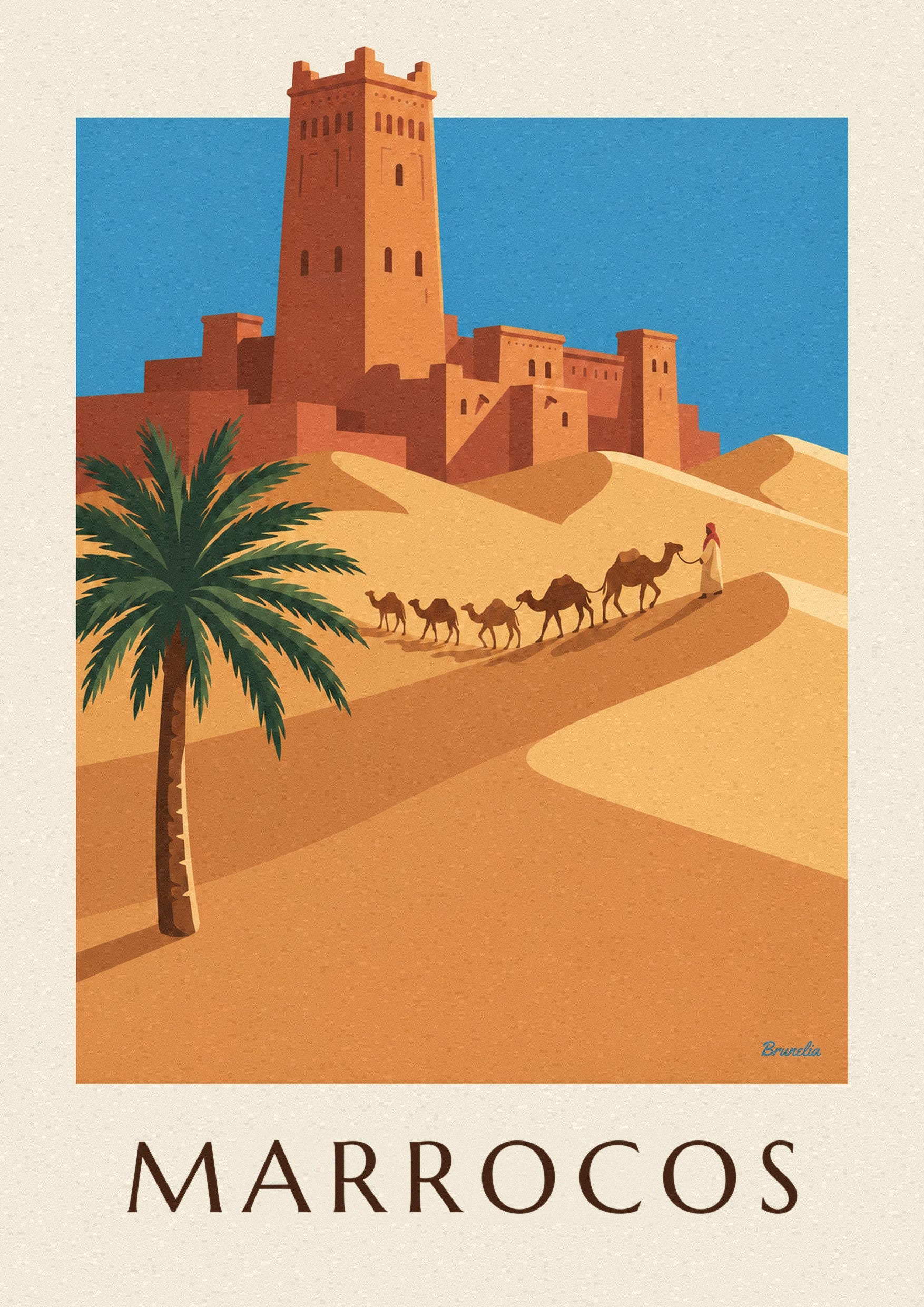 Cartaz de casbá e caravana de camelos no deserto marroquino: pormenor ampliado