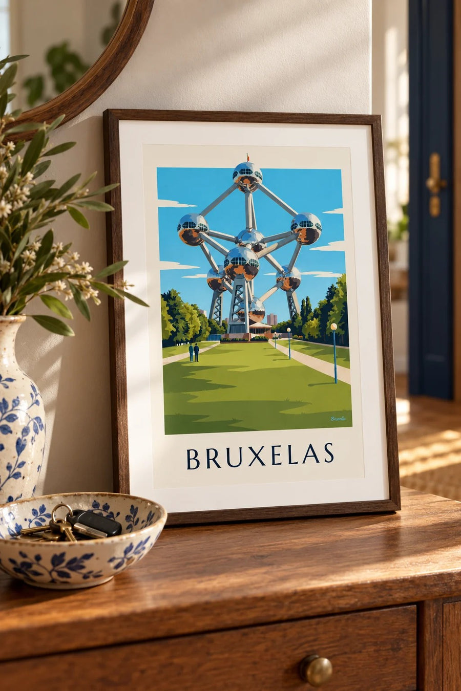 Cartaz do Atomium de Bruxelas e dos relvados do parque: pequeno formato A4 emoldurado