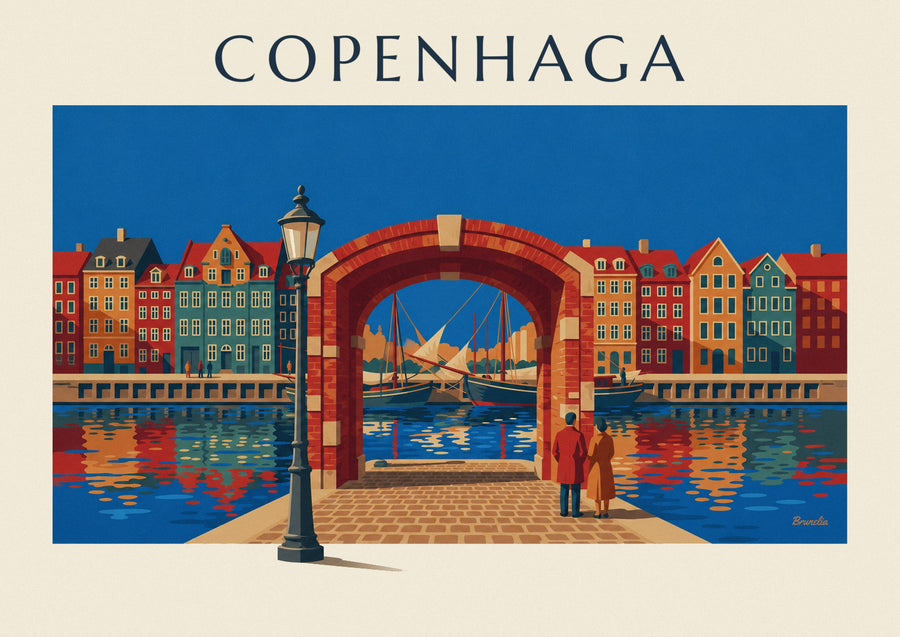 Cartaz das casas coloridas e dos veleiros antigos de Nyhavn, em Copenhaga
