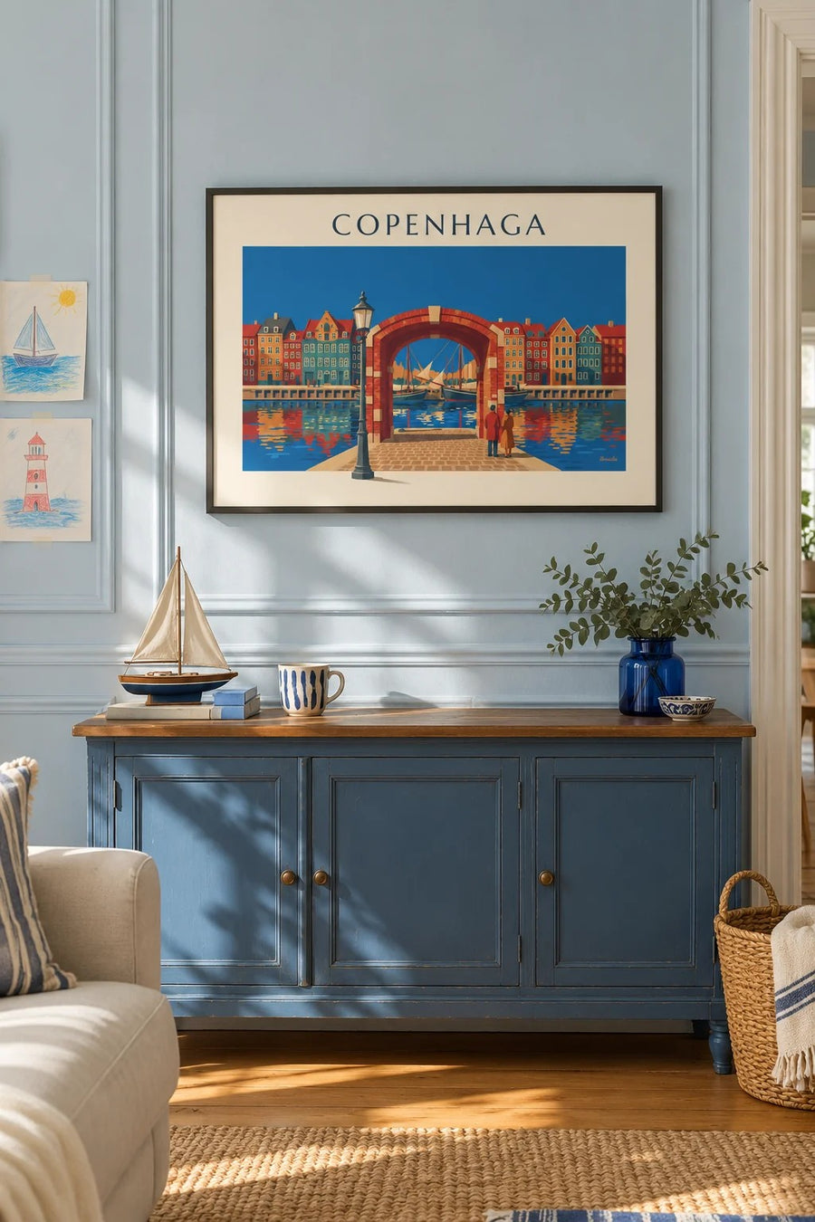 Cartaz das casas coloridas e dos veleiros antigos de Nyhavn, em Copenhaga: emoldurado na parede