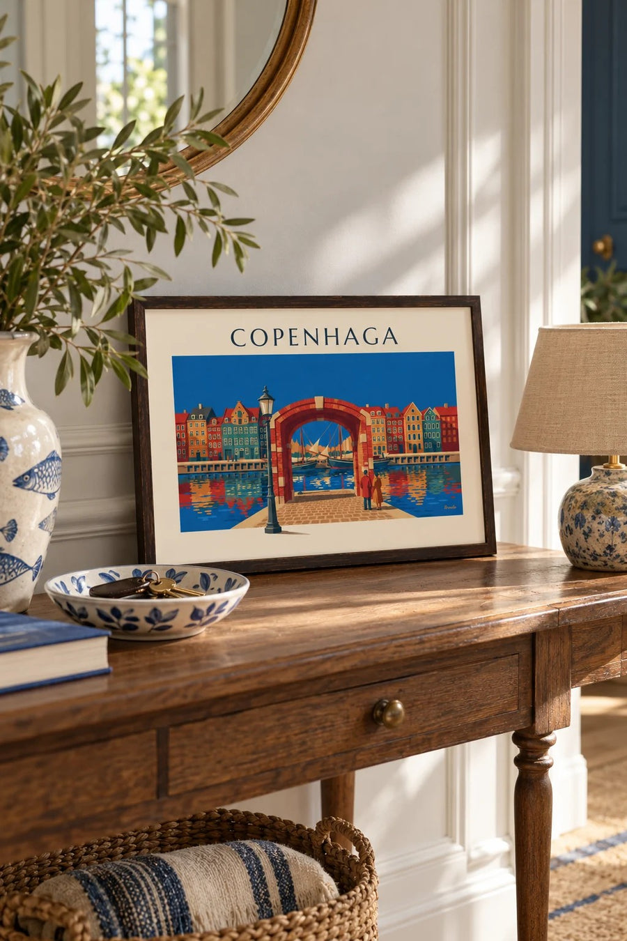 Cartaz das casas coloridas e dos veleiros antigos de Nyhavn, em Copenhaga: pequeno formato A4 emoldurado
