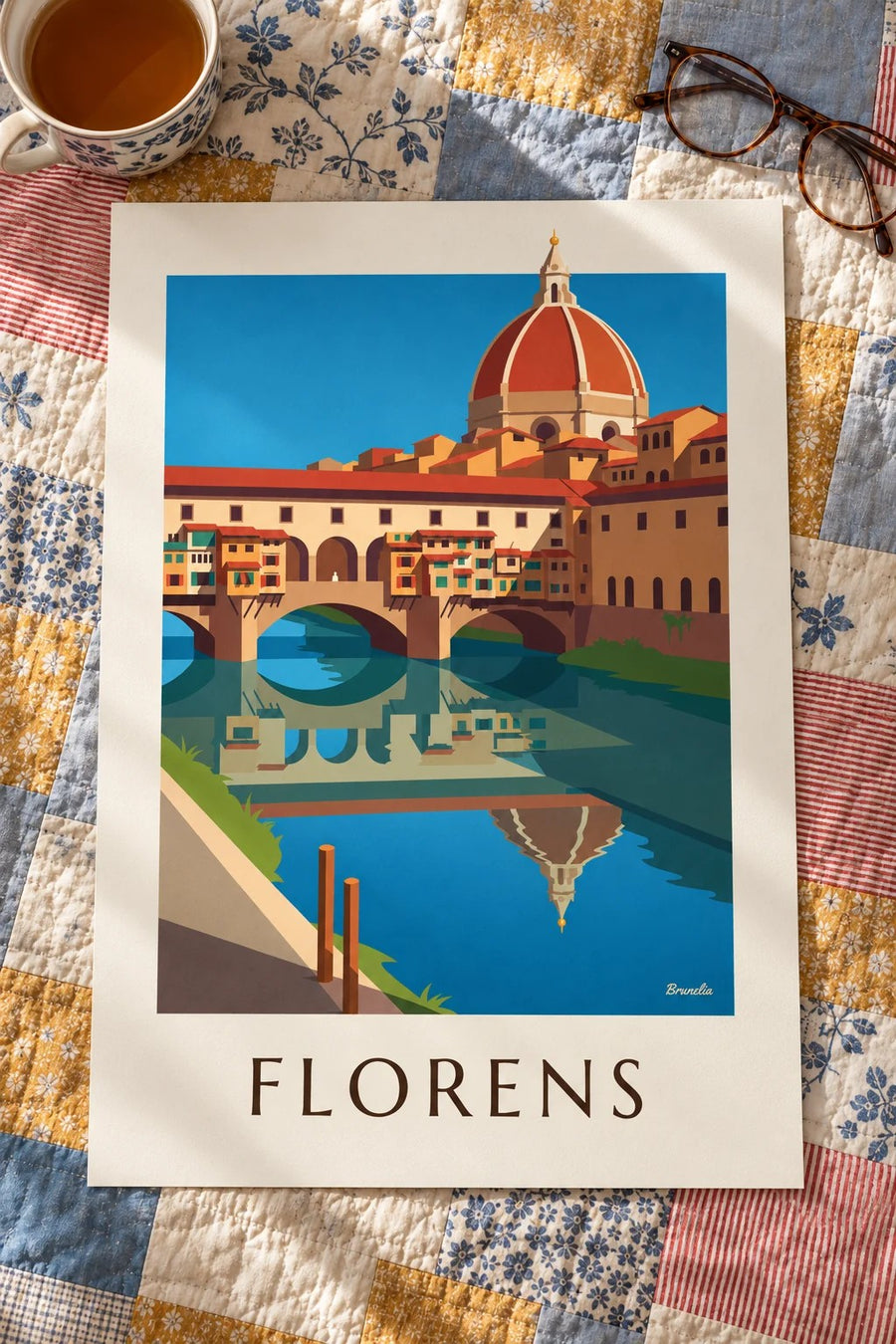 Affisch med Ponte Vecchio och Arno i Florens: liggande på ett bord