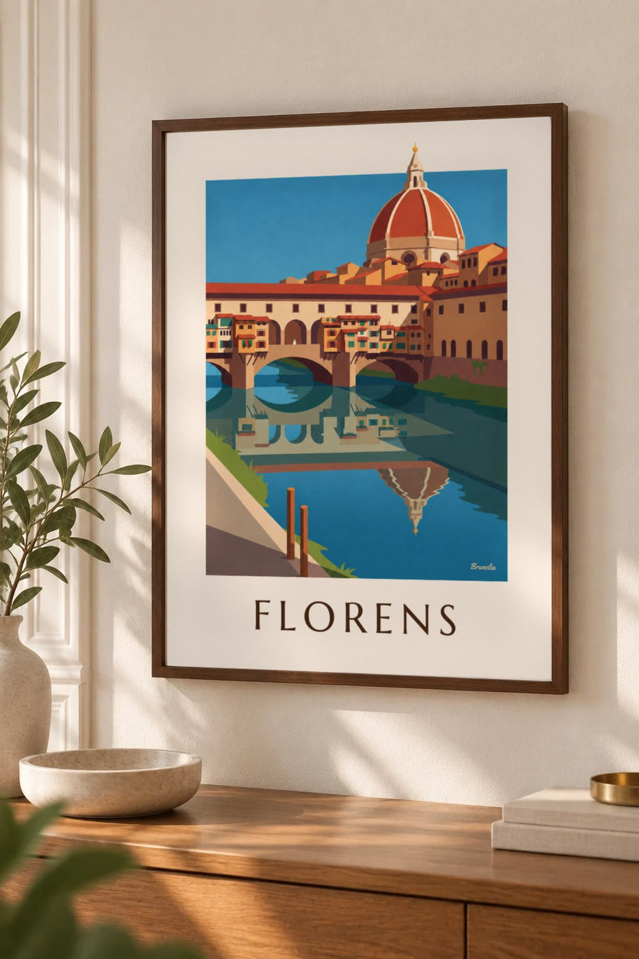 Affisch med Ponte Vecchio och Arno i Florens: litet A4-format i ram