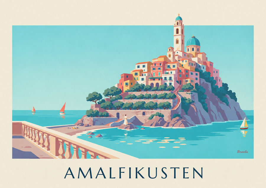 Affisch med Amalfikusten, färgglada hus och turkost vatten