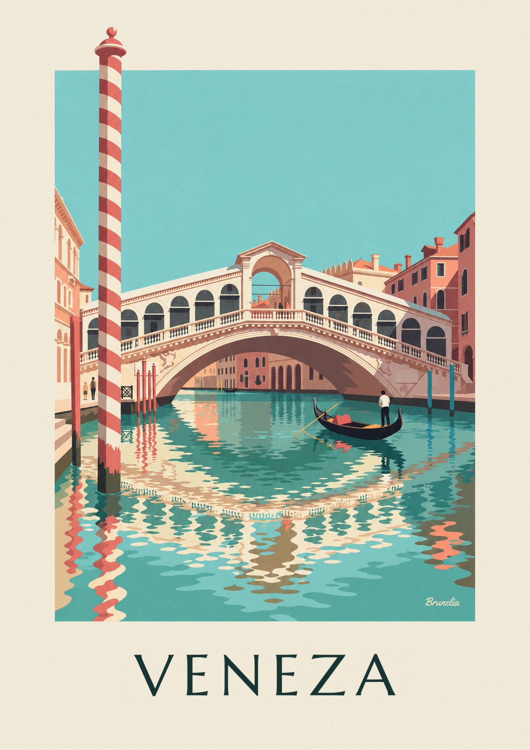 Cartaz da ponte de Rialto e de uma gôndola no Grande Canal de Veneza: pormenor ampliado