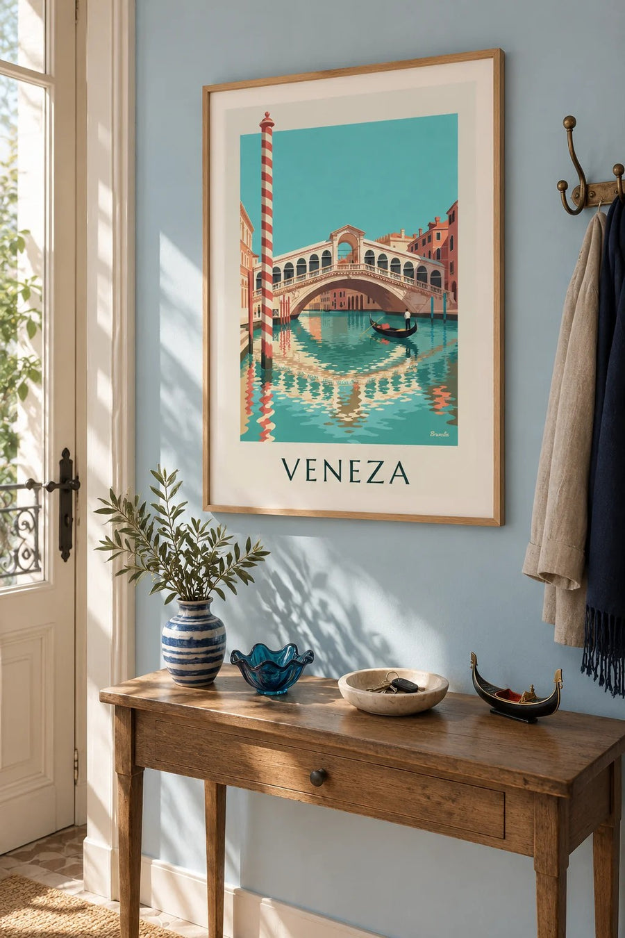 Cartaz da ponte de Rialto e de uma gôndola no Grande Canal de Veneza: emoldurado na parede