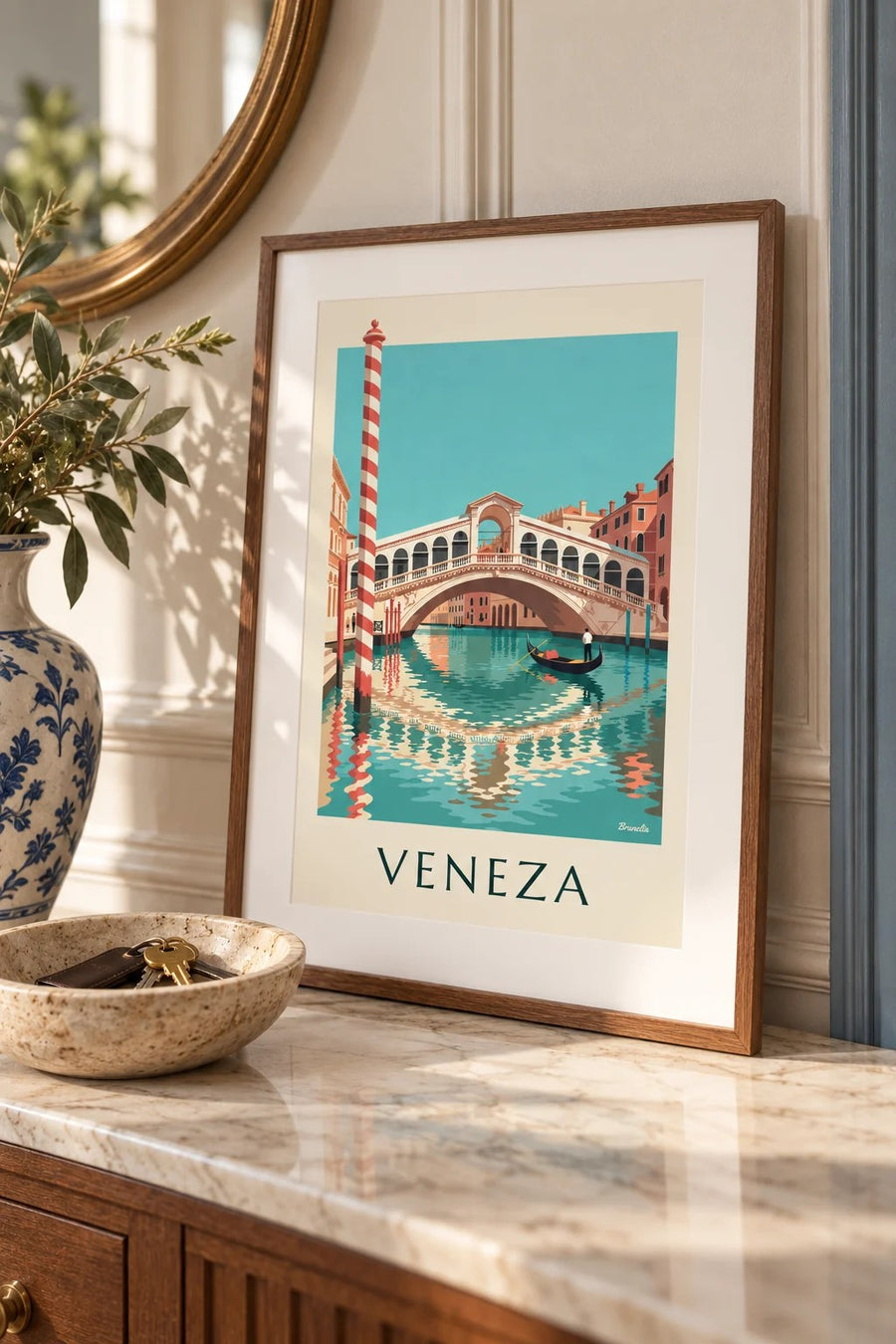 Cartaz da ponte de Rialto e de uma gôndola no Grande Canal de Veneza: pequeno formato A4 emoldurado