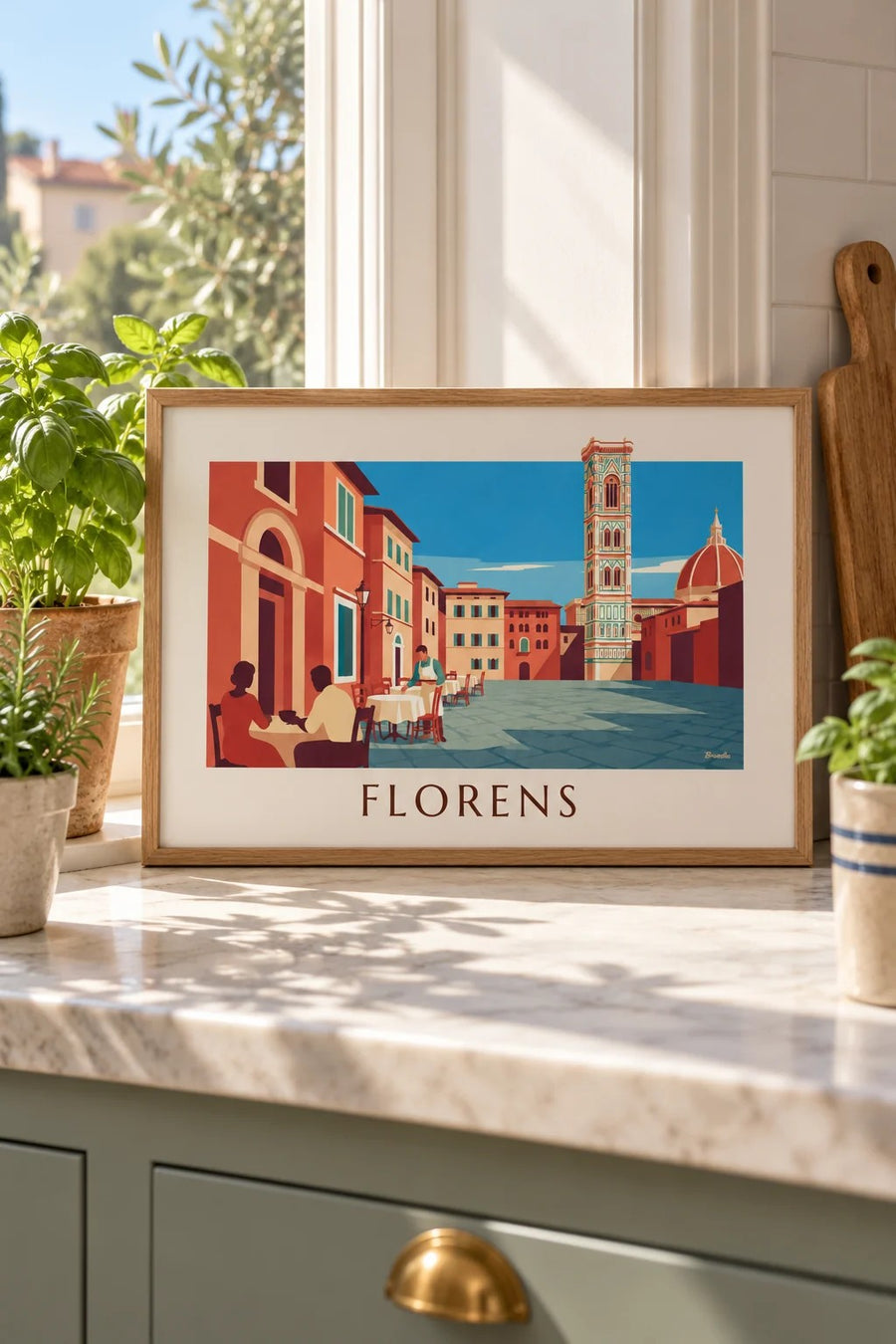 Affisch med caféterrass framför Florens domkyrka: litet A4-format i ram