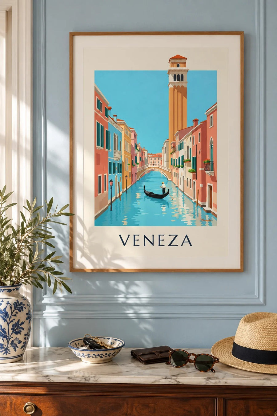 Cartaz de gondoleiro num canal de Veneza: emoldurado na parede