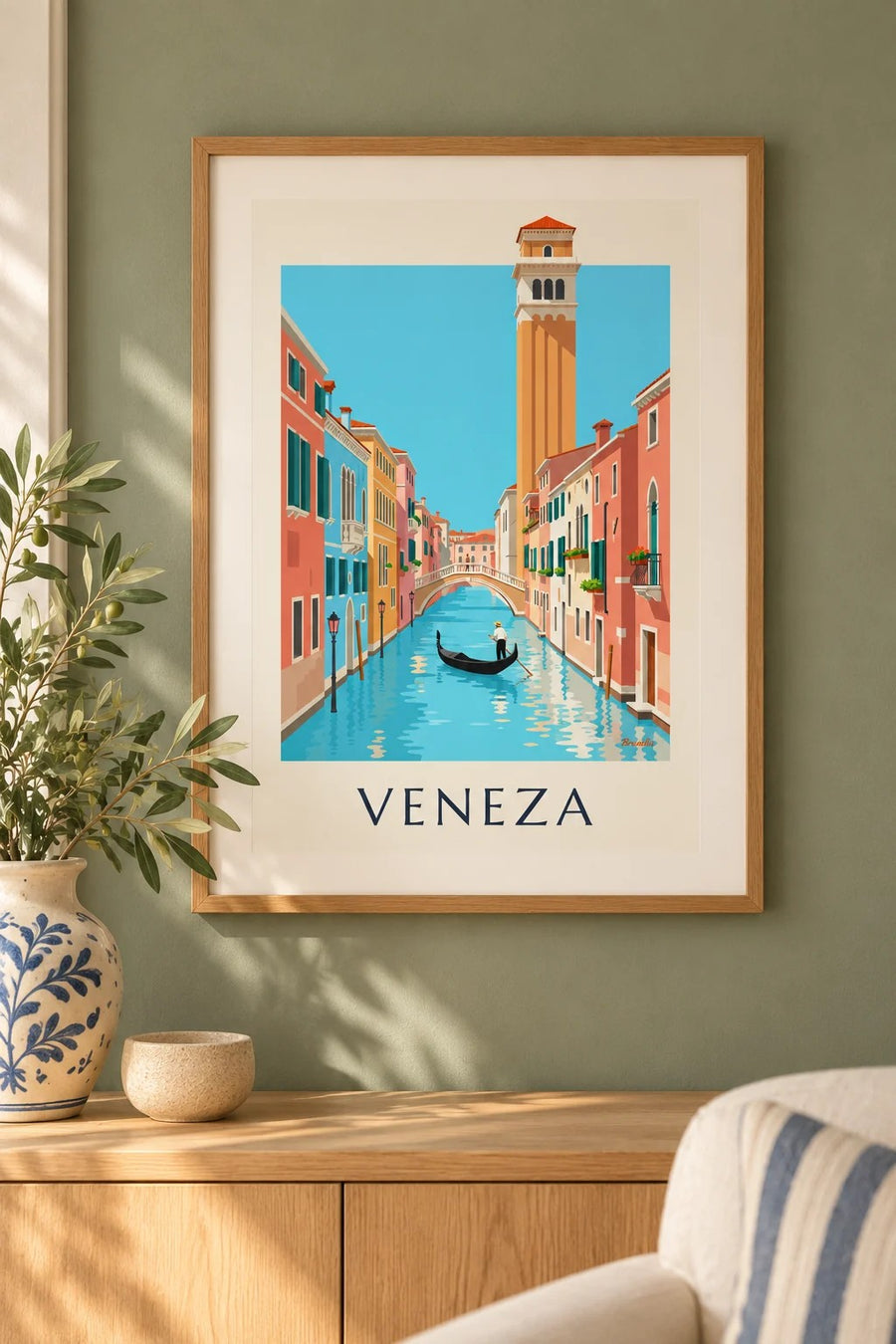 Cartaz de gondoleiro num canal de Veneza: pequeno formato A4 emoldurado