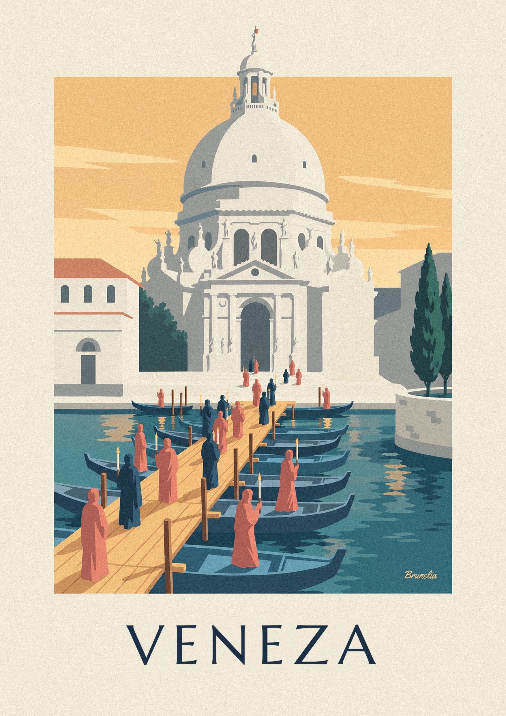Poster de peregrinos na ponte de barcos rumo à Salute, em Veneza: pormenor ampliado