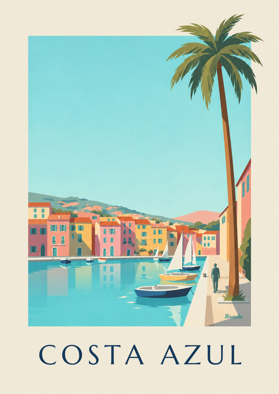Póster de um pequeno porto da Côte d’Azur, casas e veleiros
