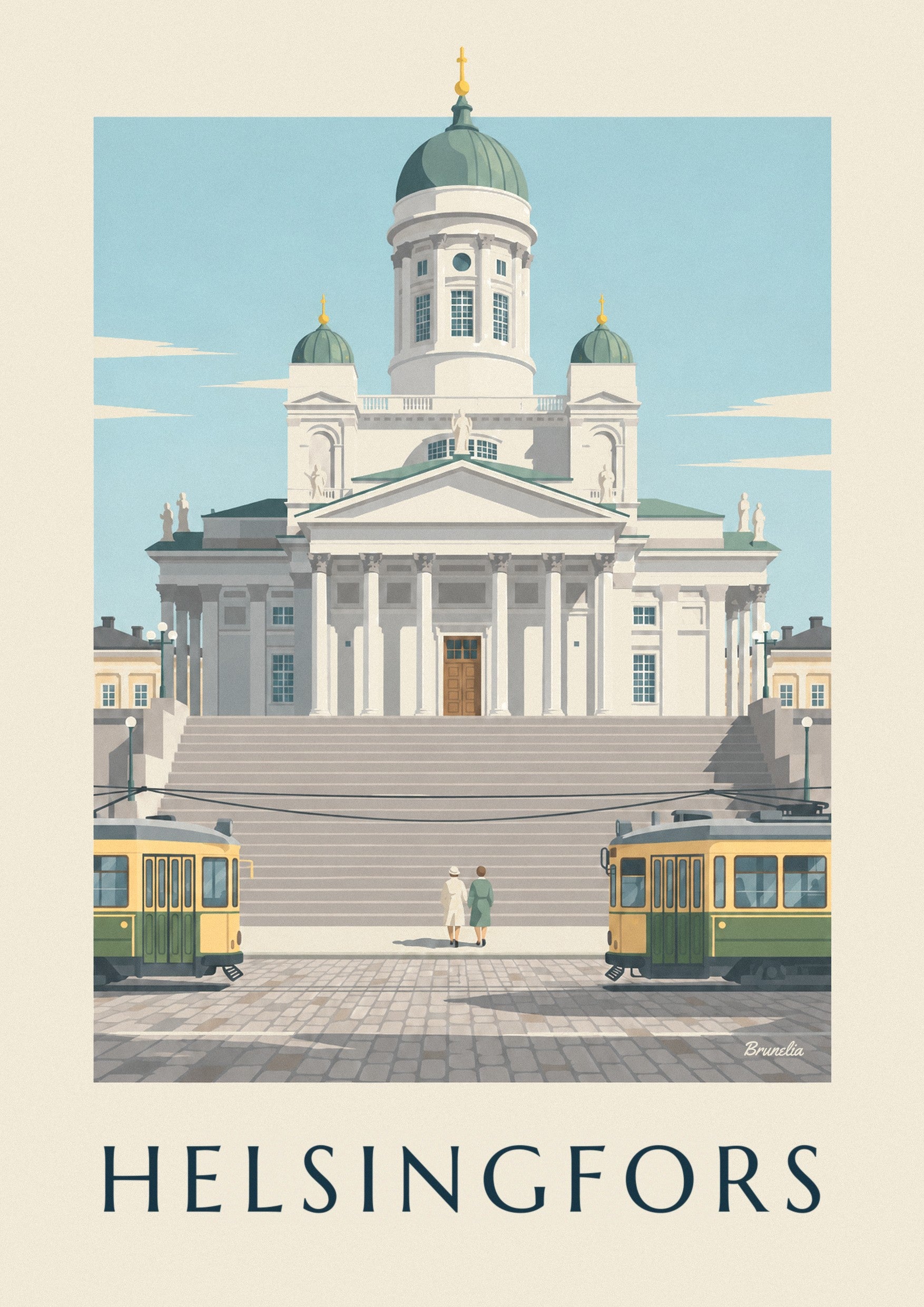 Affisch med spårvagnar och Helsingfors lutherska domkyrka: detalj i närbild