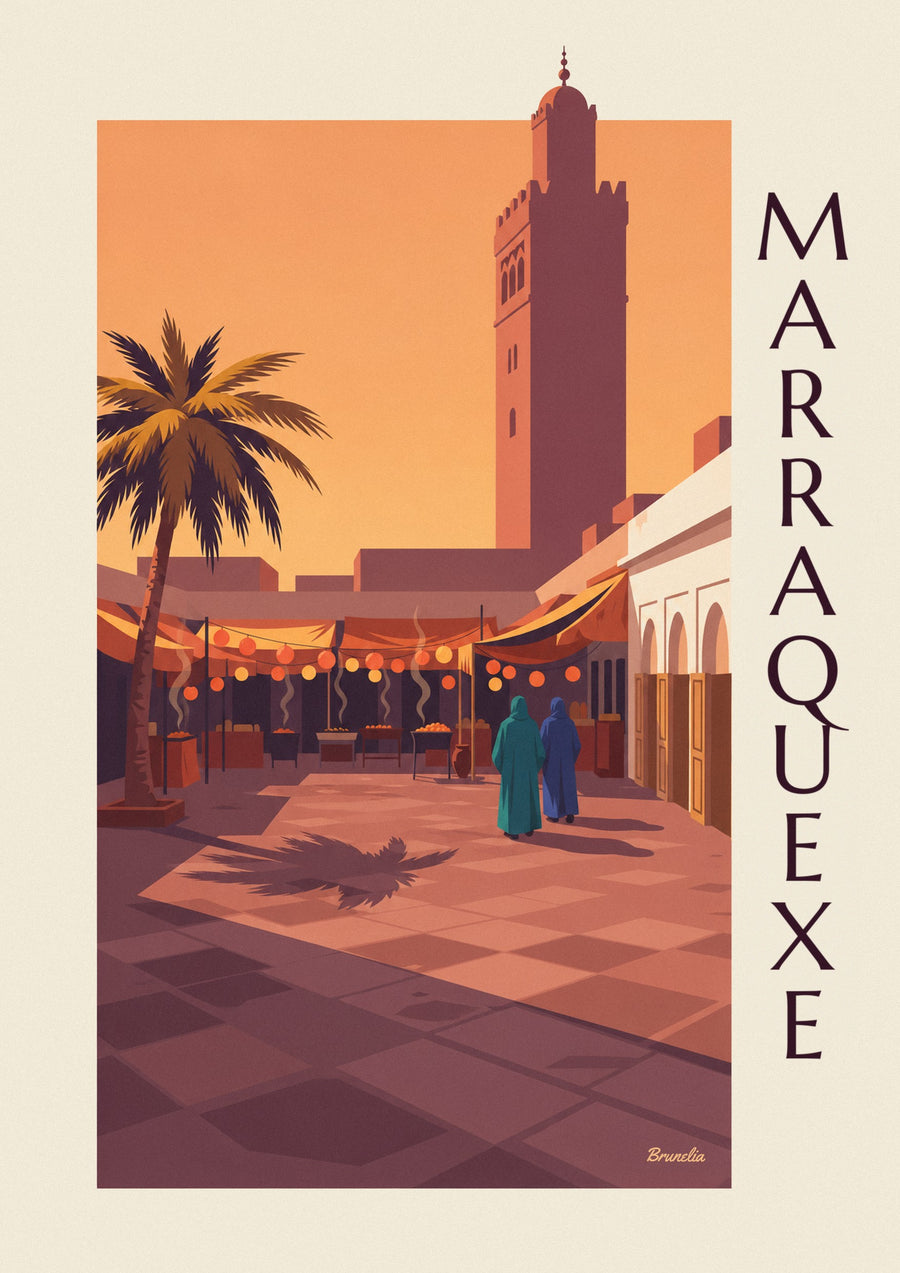 Cartaz da praça Jemaa el-Fna em Marraquexe ao crepúsculo
