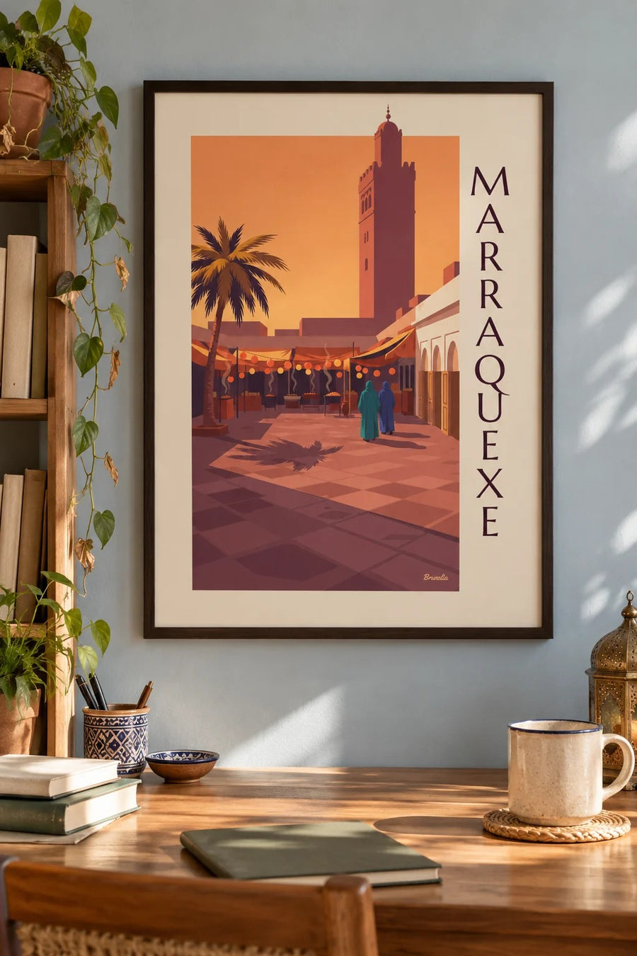 Cartaz da praça Jemaa el-Fna em Marraquexe ao crepúsculo: emoldurado na parede