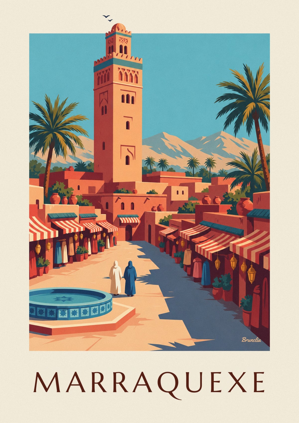 Cartaz da medina de Marraquexe e do minarete da Koutoubia