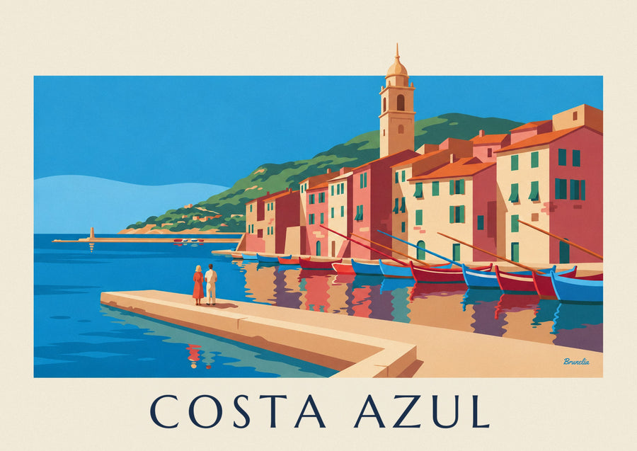 Cartaz de fachadas coloridas e barcos num porto da Côte d’Azur