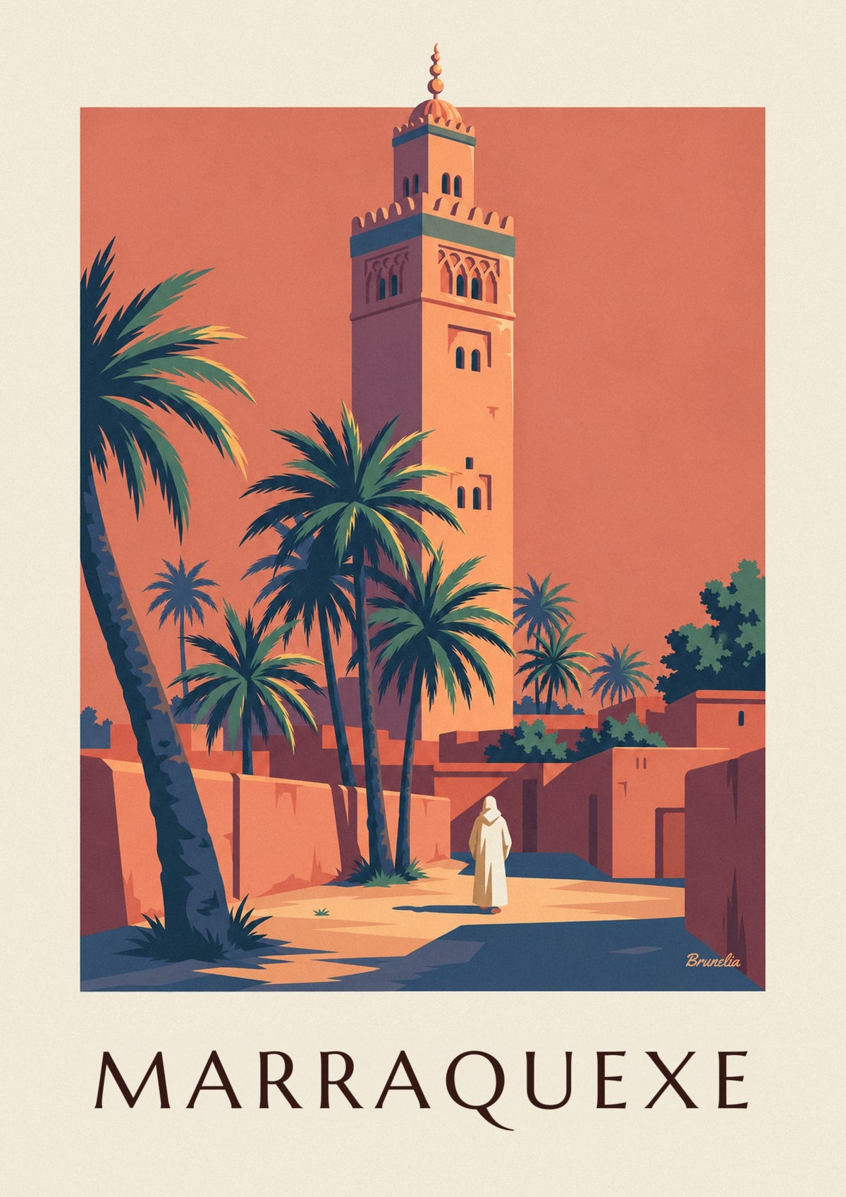 Cartaz do minarete da Koutoubia iluminado ao crepúsculo em Marraquexe