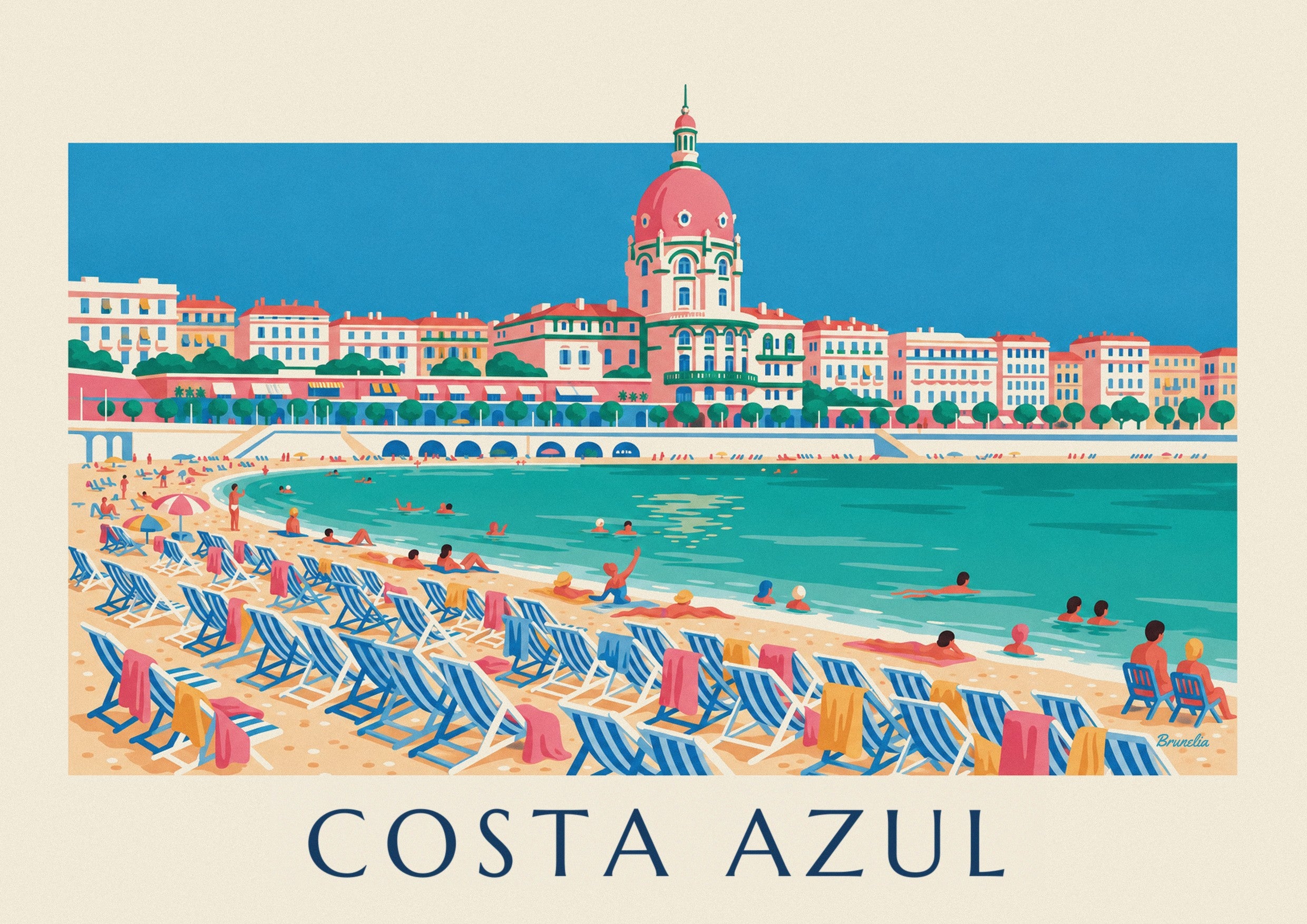 Poster de banhistas e espreguiçadeiras sob a Promenade des Anglais, em Nice: pormenor ampliado