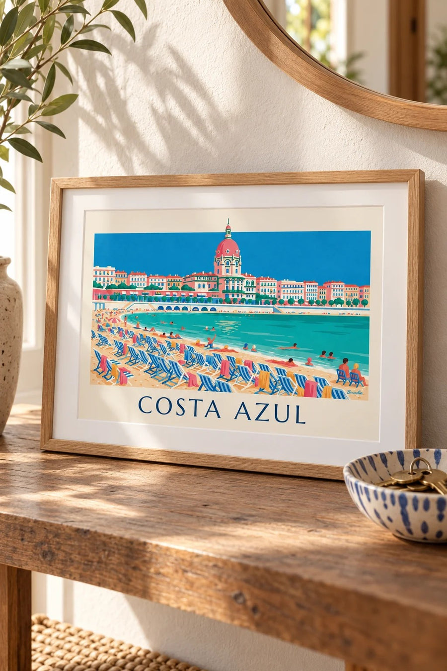 Poster de banhistas e espreguiçadeiras sob a Promenade des Anglais, em Nice: pequeno formato A4 emoldurado