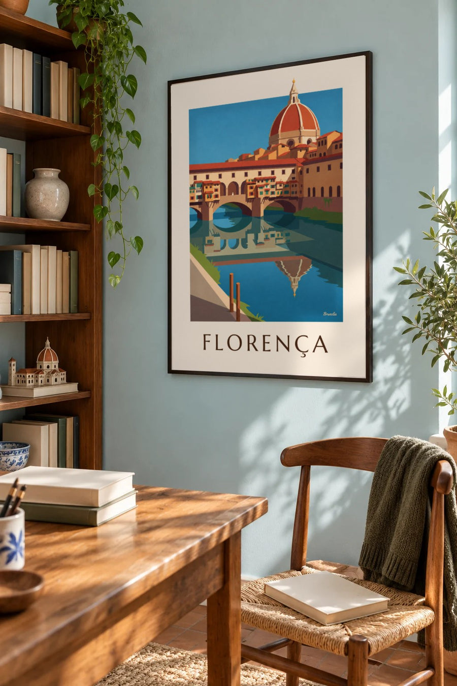 Cartaz da Ponte Vecchio e do Arno, em Florença: emoldurado na parede