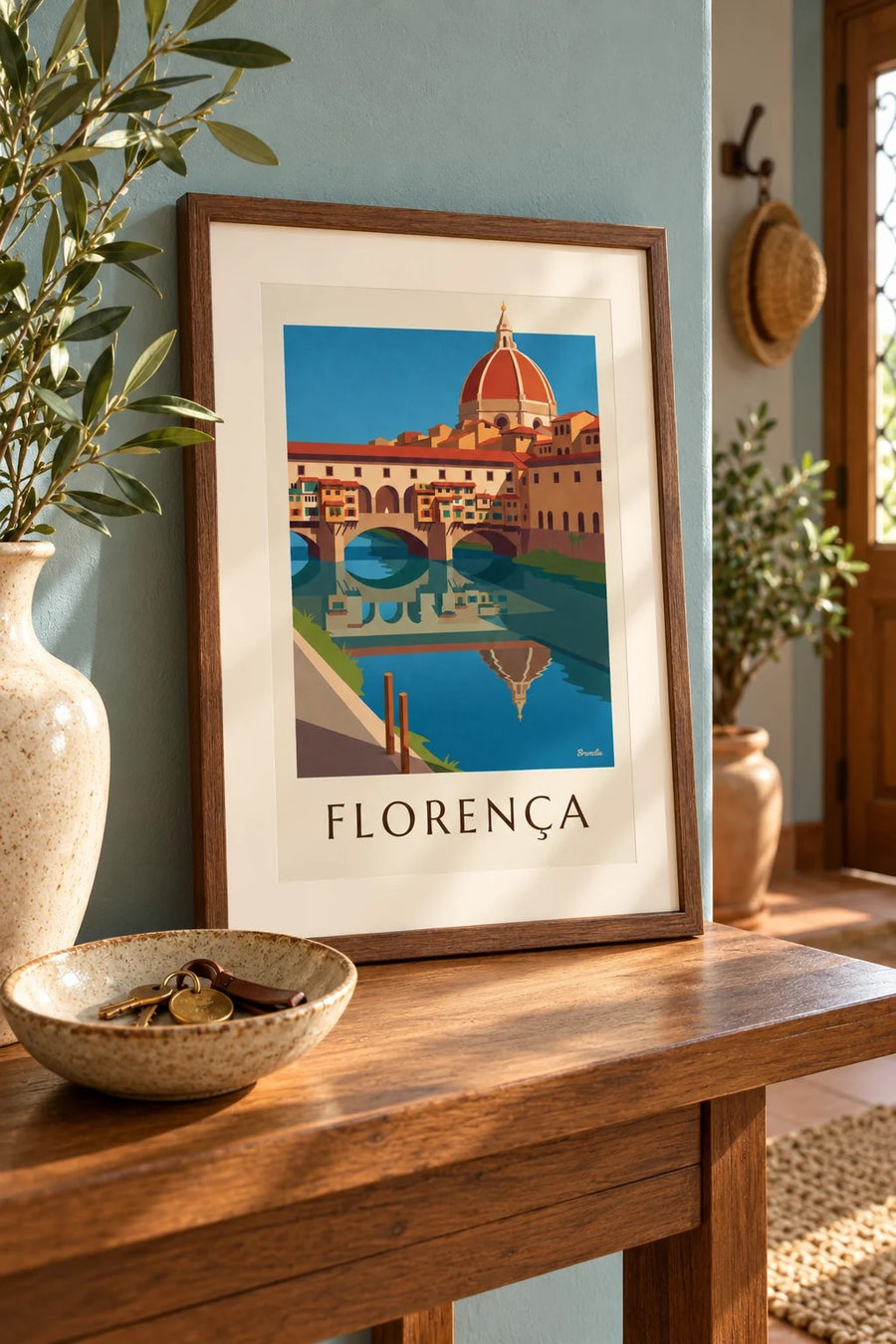 Cartaz da Ponte Vecchio e do Arno, em Florença: pequeno formato A4 emoldurado