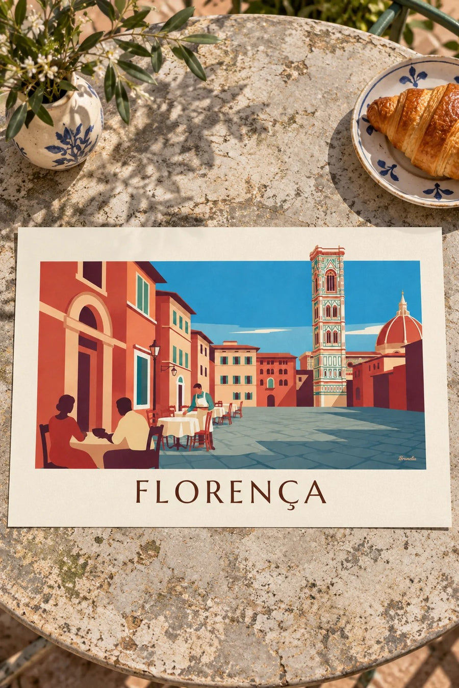 Poster de esplanada diante do Duomo de Florença: pousado numa mesa