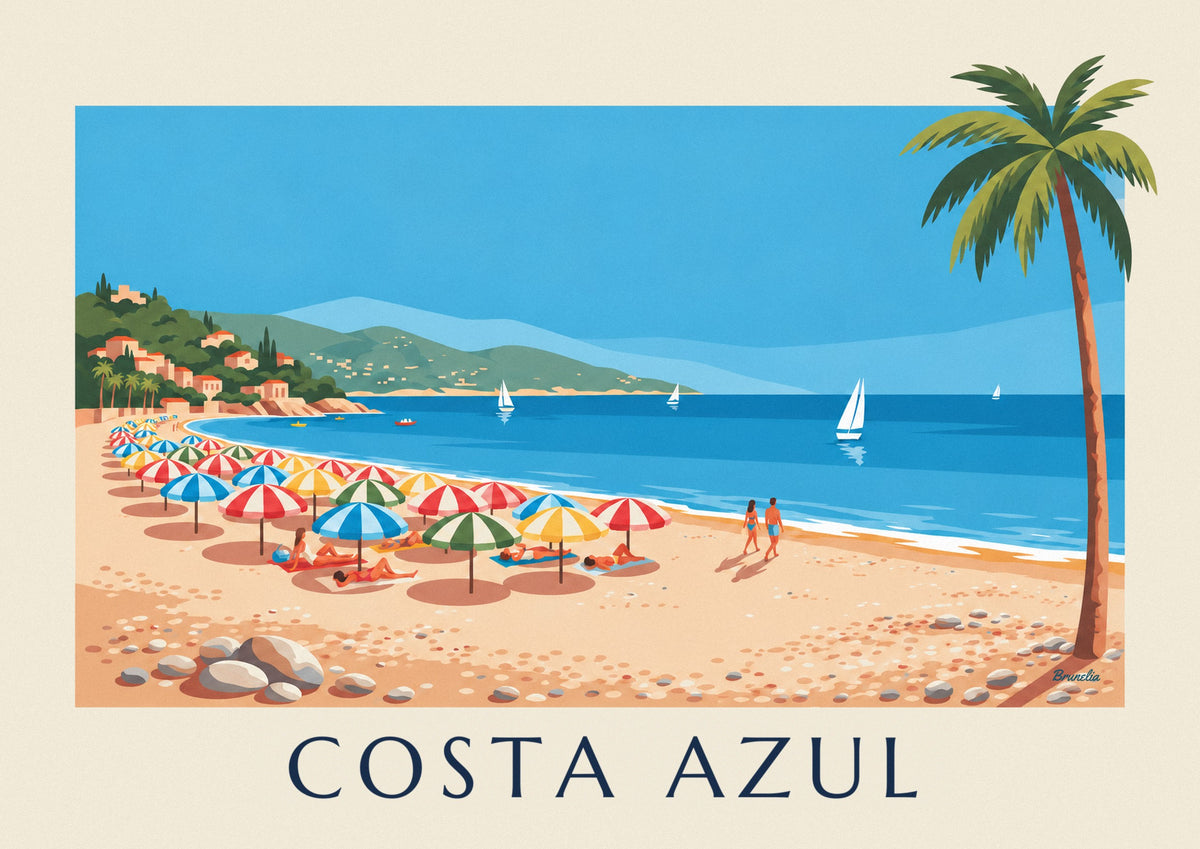 Cartaz de chapéus de sol coloridos numa praia de seixos da Côte d’Azur