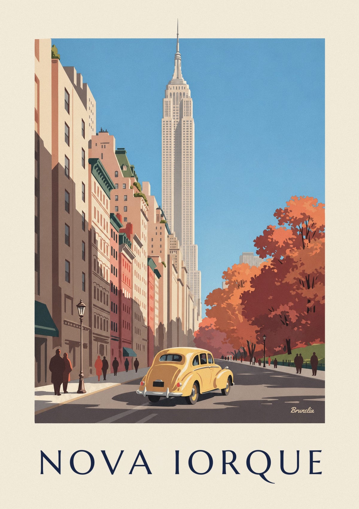 Poster de carro amarelo e Empire State Building no outono