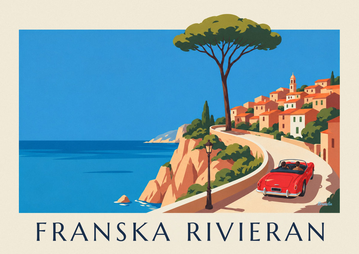 Affisch med röd cabriolet på kustvägen vid Côte d’Azur