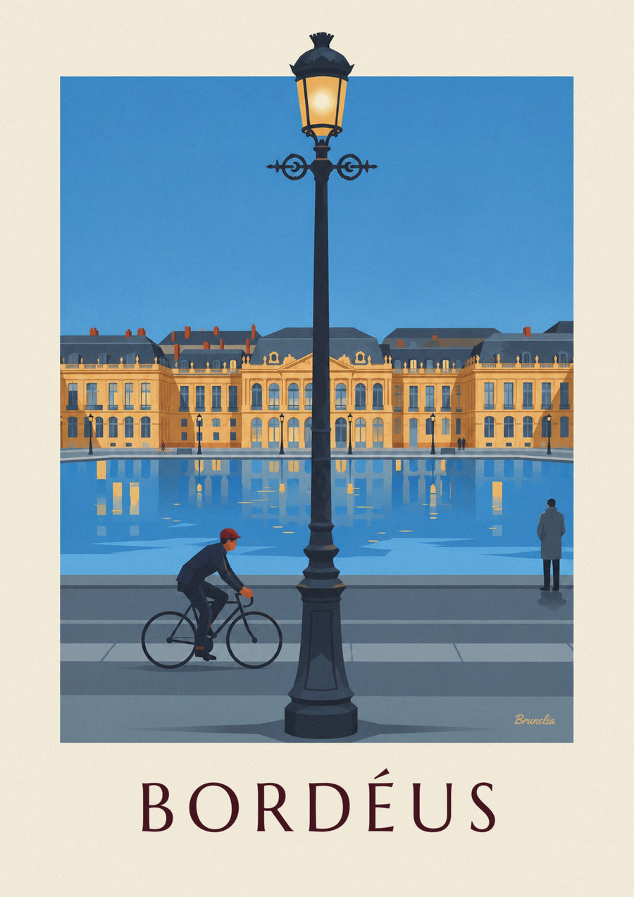 Póster de ciclista diante do espelho de água de Bordéus ao crepúsculo
