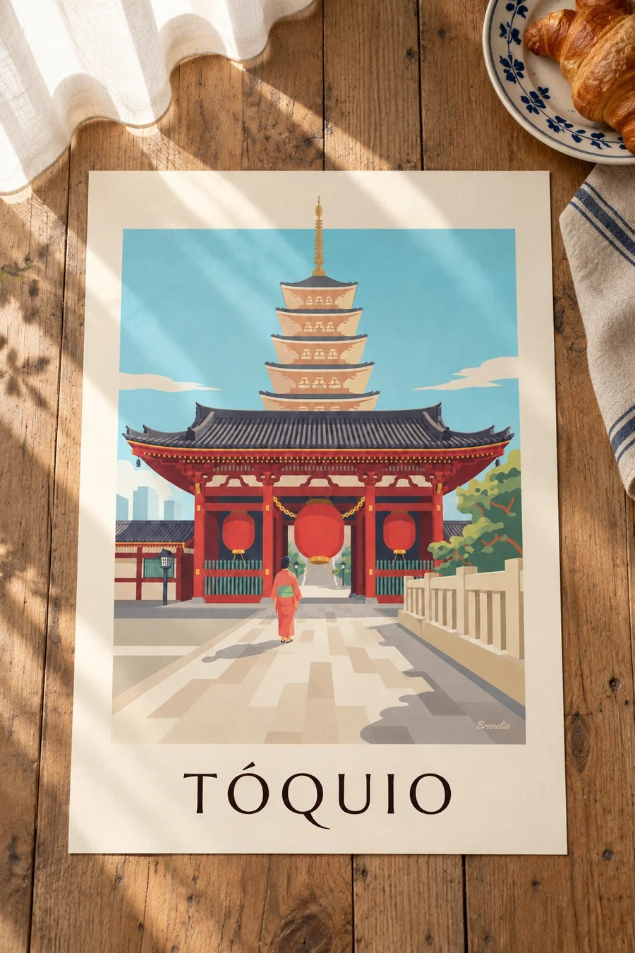 Cartaz do templo Senso-ji e da sua grande lanterna vermelha, em Tóquio: pousado numa mesa