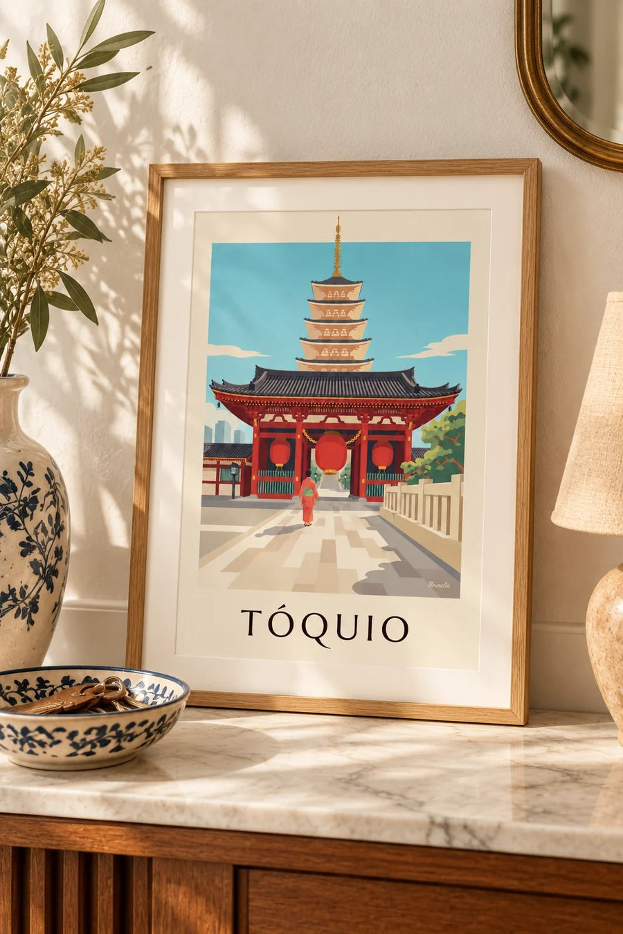 Cartaz do templo Senso-ji e da sua grande lanterna vermelha, em Tóquio: pequeno formato A4 emoldurado