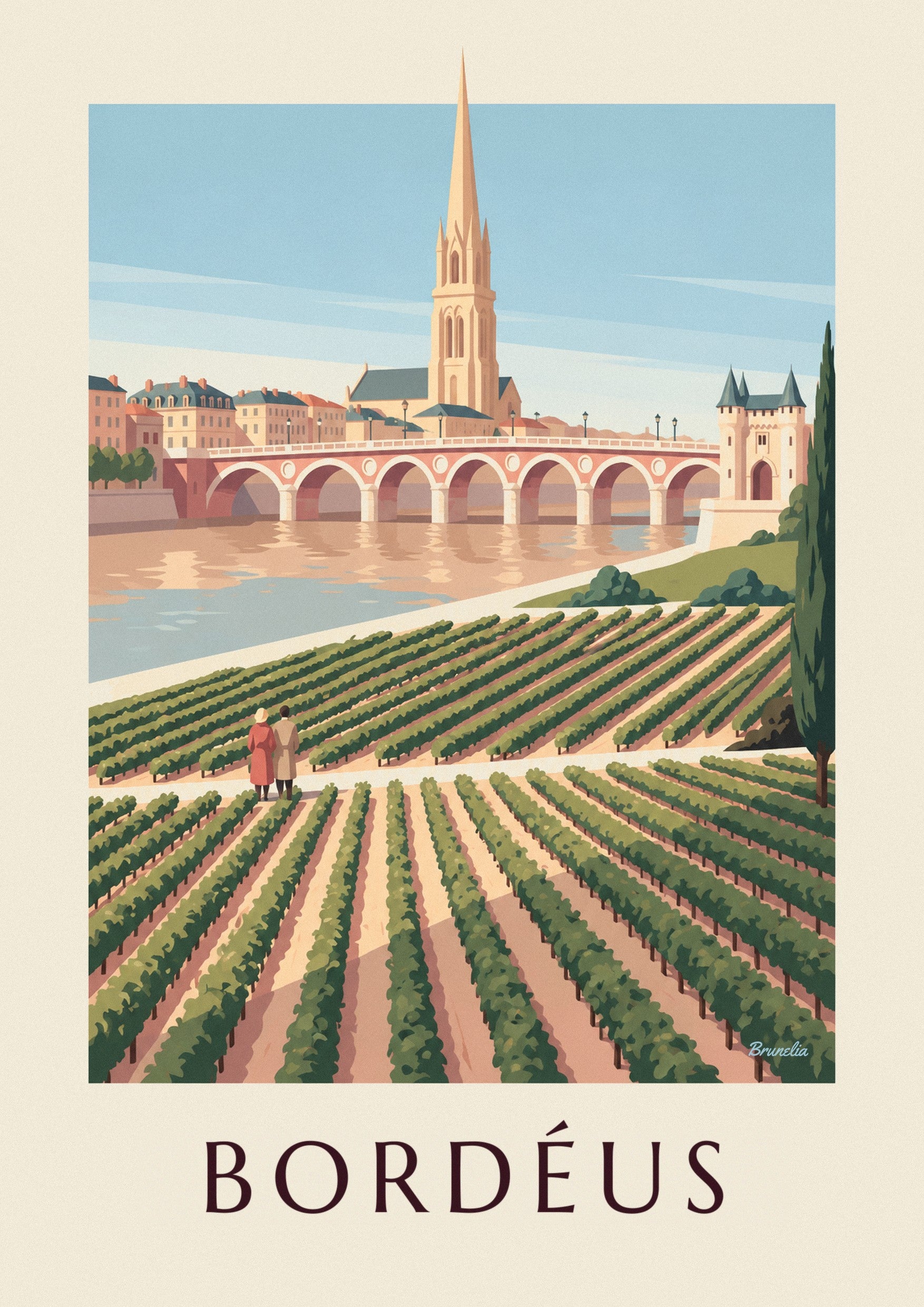 Poster da ponte de pedra e da porta Cailhau em Bordéus vistas das vinhas: pormenor ampliado