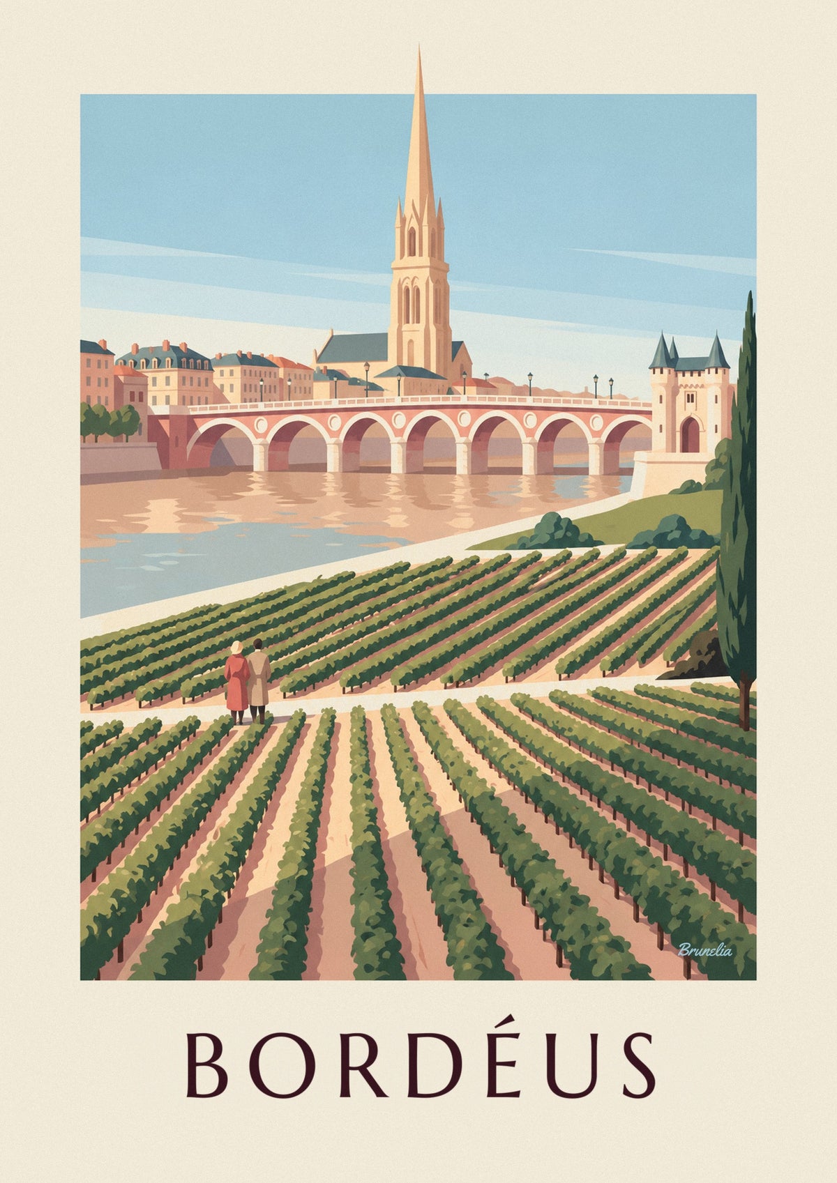 Poster da ponte de pedra e da porta Cailhau em Bordéus vistas das vinhas
