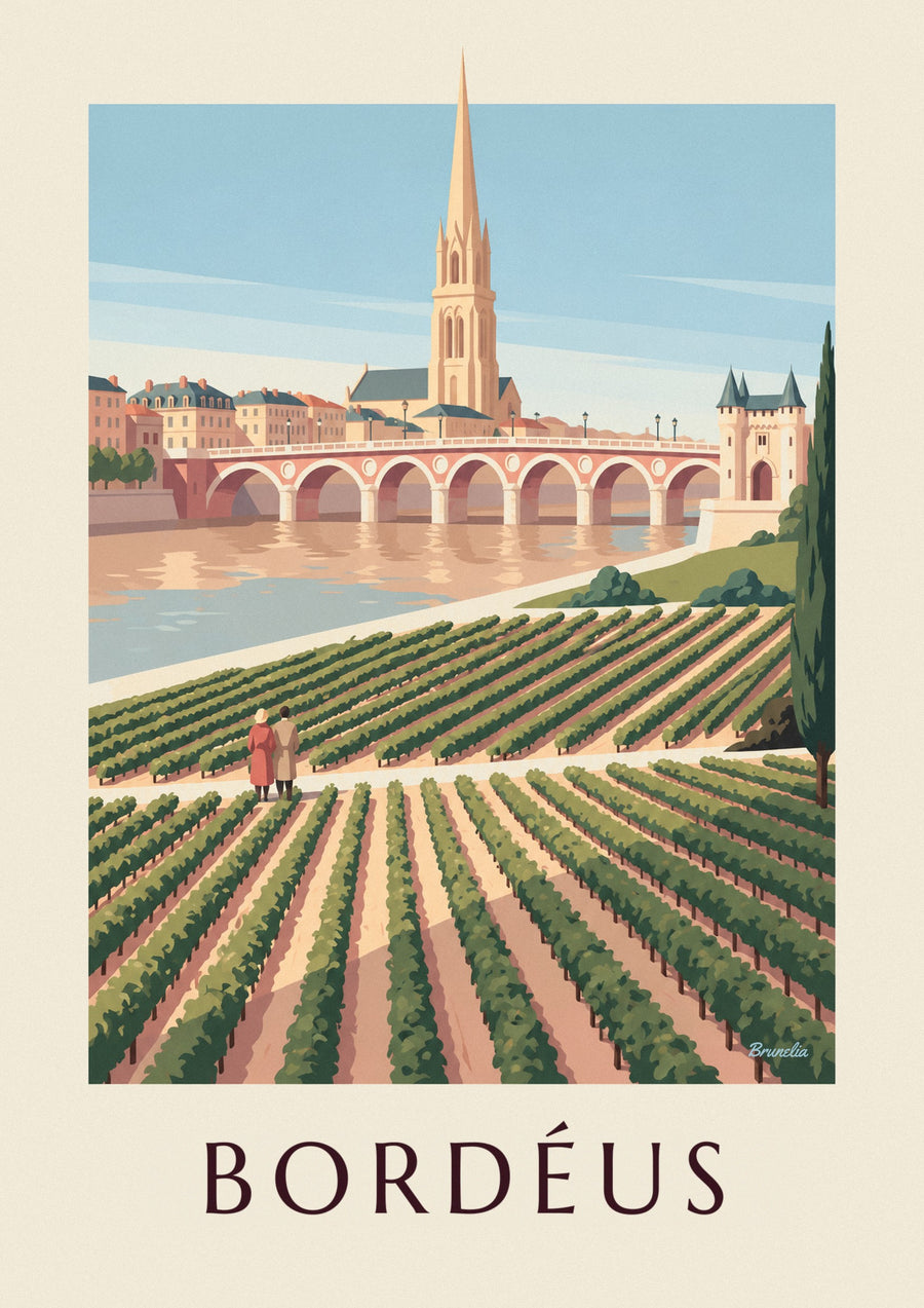 Poster da ponte de pedra e da porta Cailhau em Bordéus vistas das vinhas
