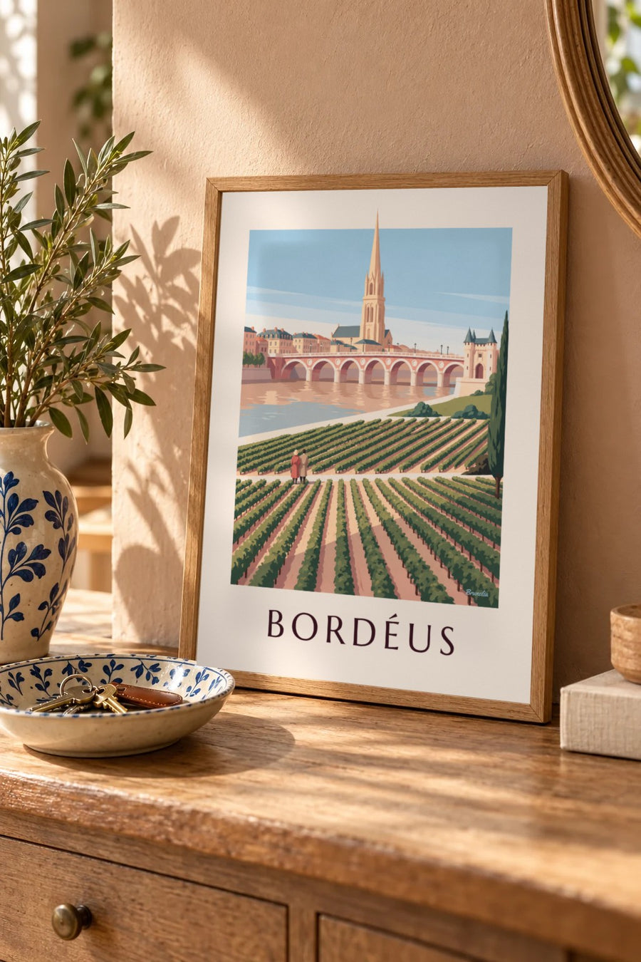 Poster da ponte de pedra e da porta Cailhau em Bordéus vistas das vinhas: pequeno formato A4 emoldurado