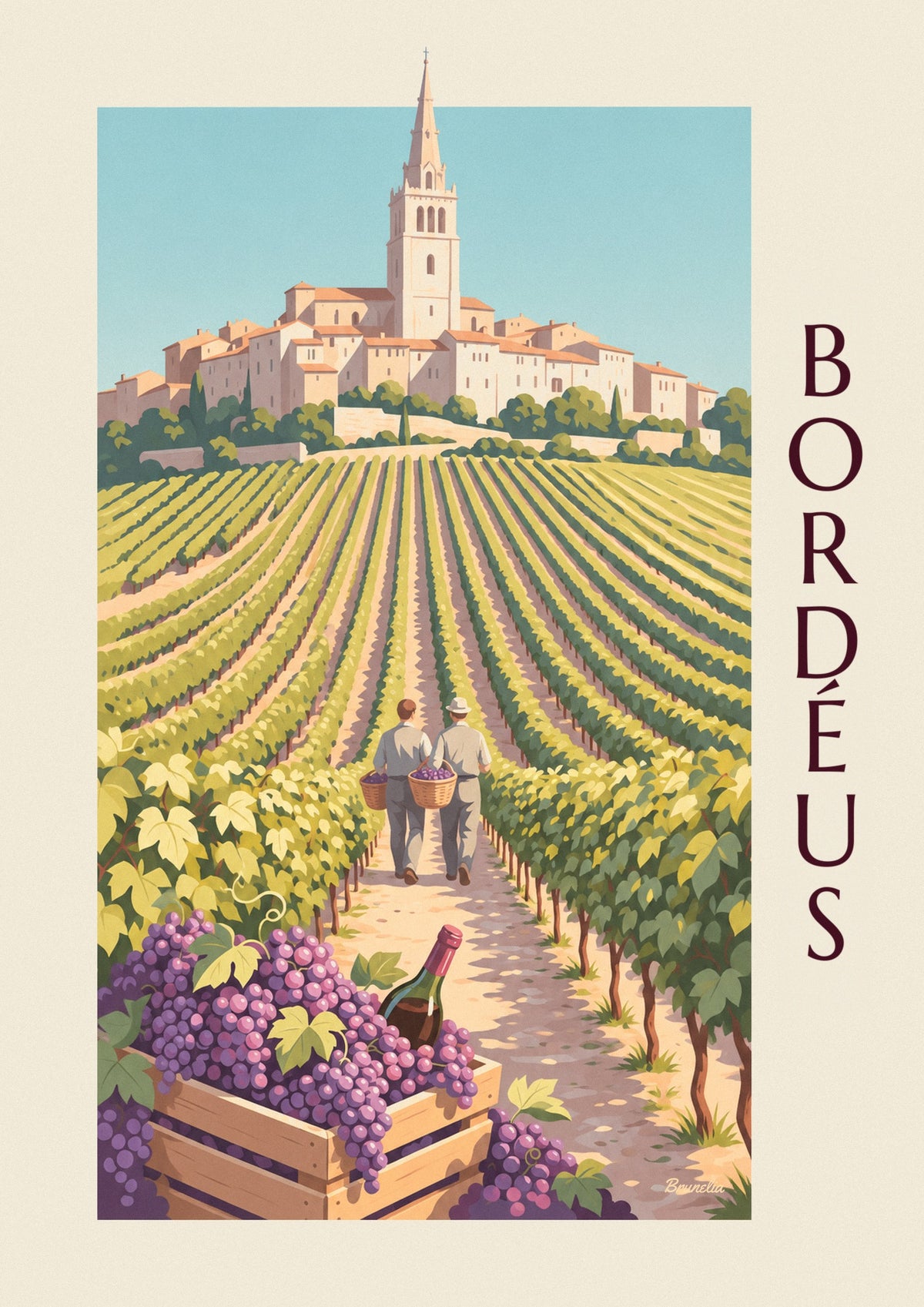 Cartaz das vindimas em Saint-Émilion, caixa de uvas e vinhas douradas