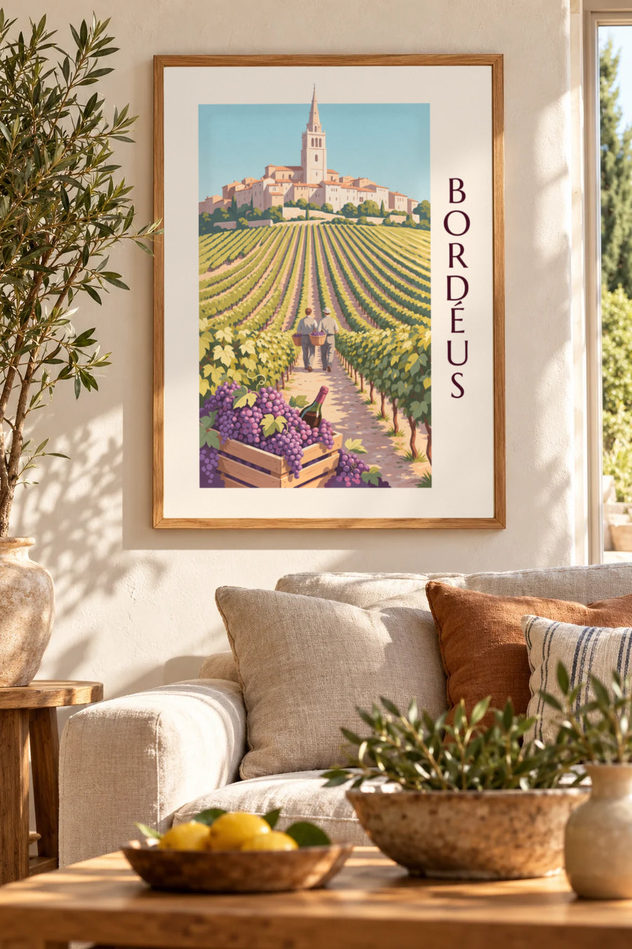 Affiche vendanges à Saint-Émilion, caisse de raisin et vignes dorées : encadrée au mur