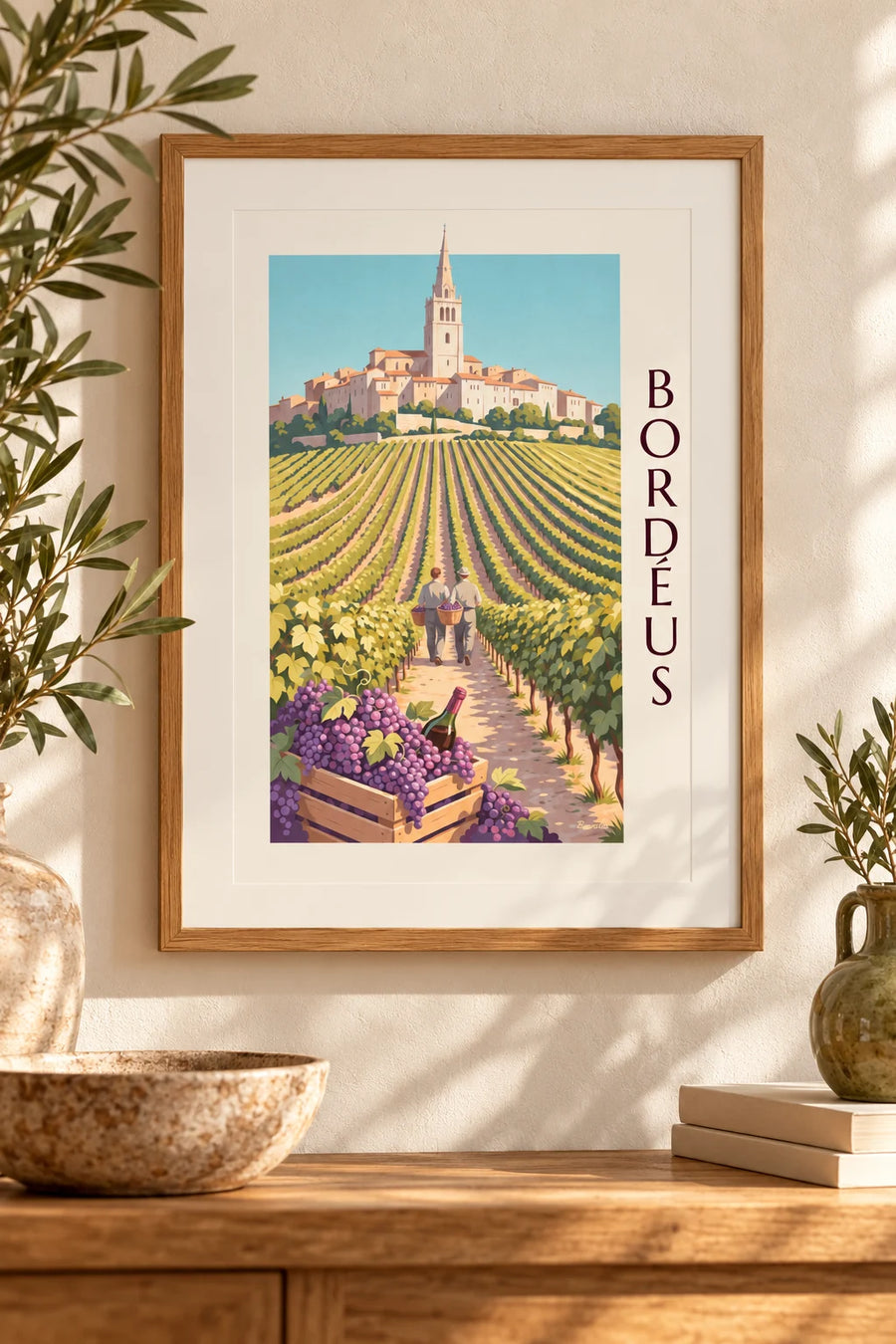 Affiche vendanges à Saint-Émilion, caisse de raisin et vignes dorées : petit format A4 encadré
