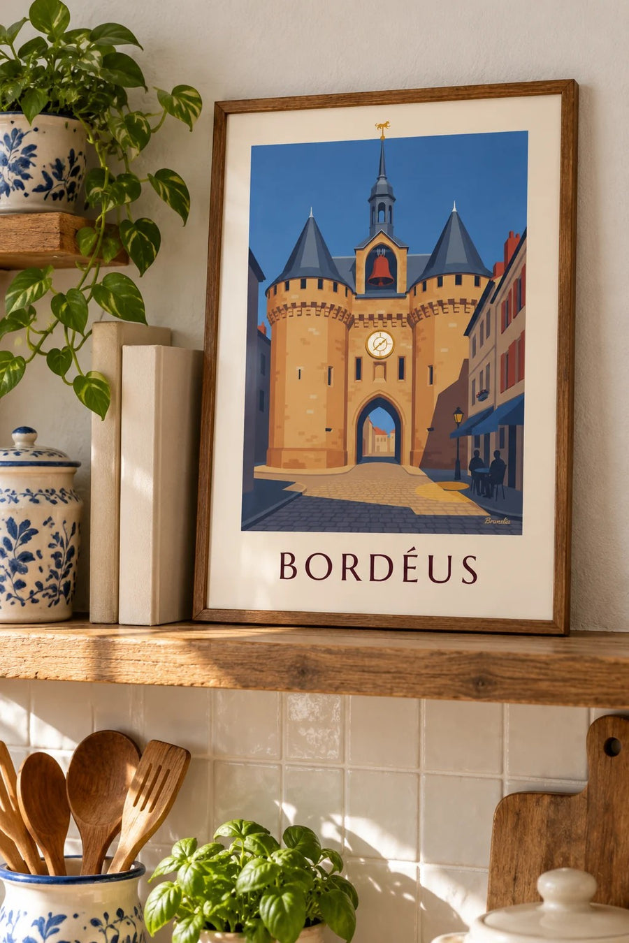 Poster da Grosse Cloche de Bordéus e esplanada de café: pequeno formato A4 emoldurado