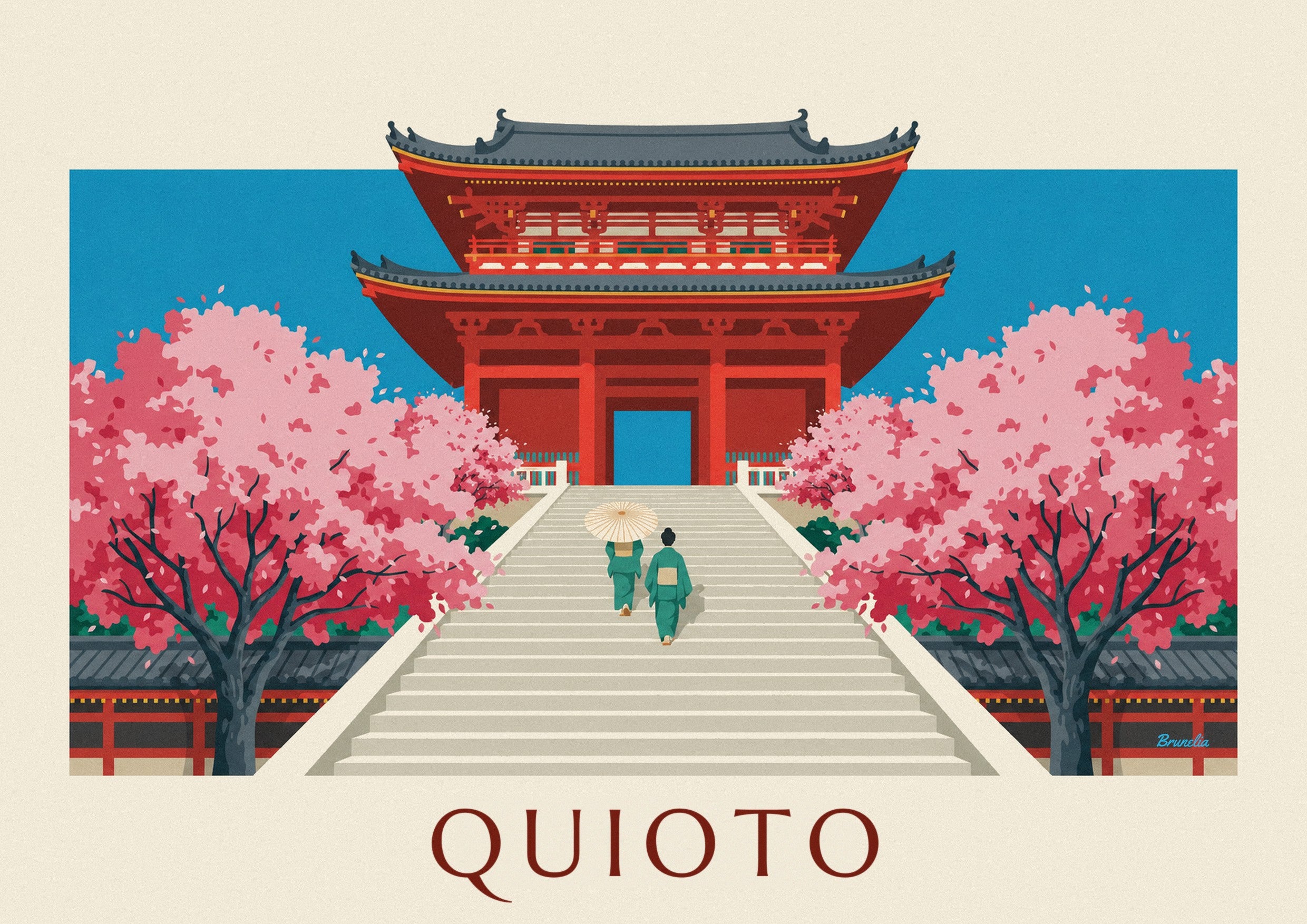 Cartaz do portão vermelho do Kiyomizu-dera e das cerejeiras em Quioto: pormenor ampliado