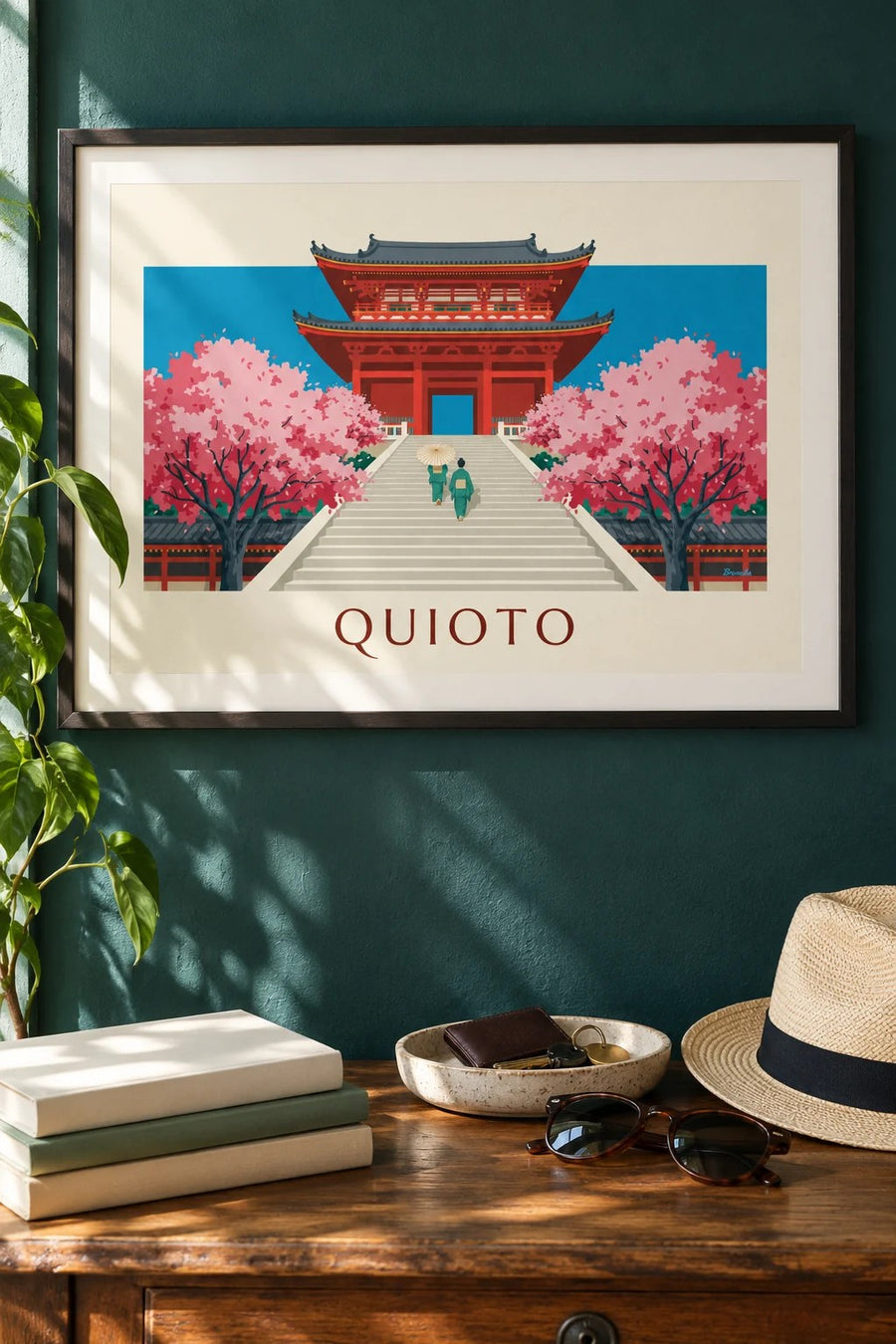 Cartaz do portão vermelho do Kiyomizu-dera e das cerejeiras em Quioto: emoldurado na parede