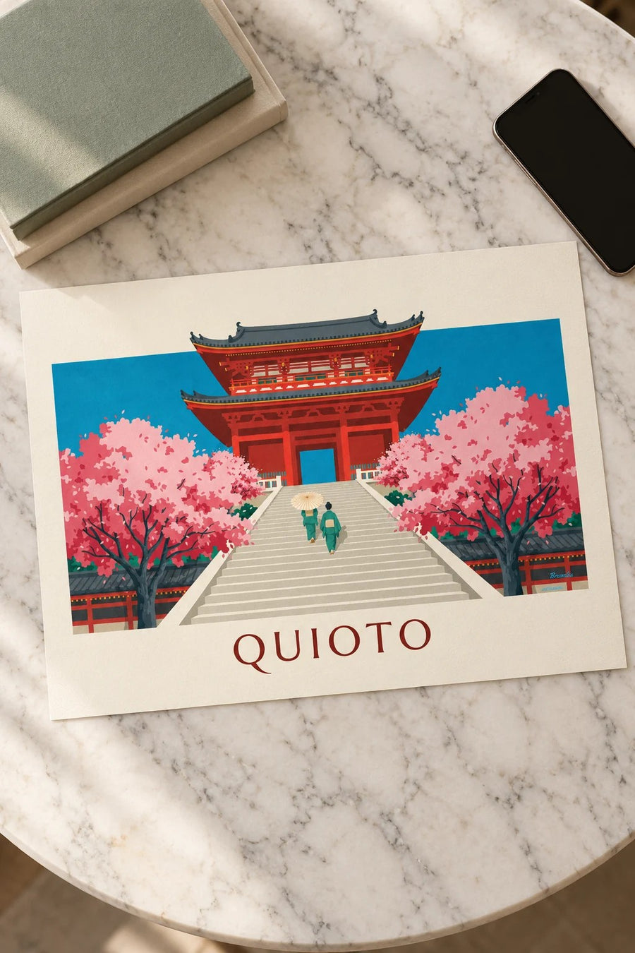 Cartaz do portão vermelho do Kiyomizu-dera e das cerejeiras em Quioto: pousado numa mesa