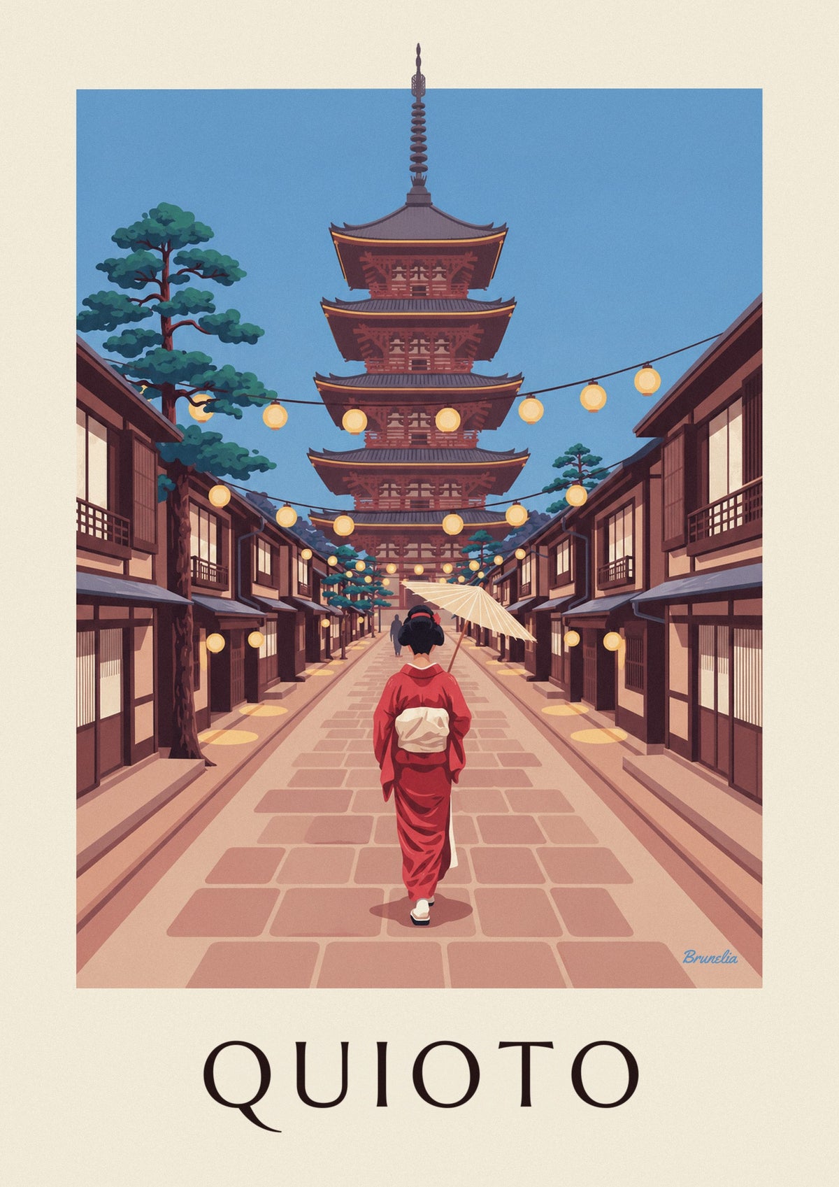 Poster de gueixa com sombrinha em direção ao pagode Yasaka, em Quioto