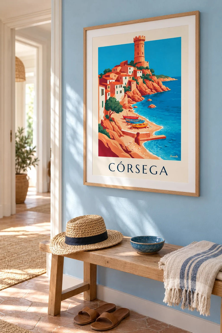 Póster de aldeia costeira, torre genovesa e barcos na Córsega: emoldurado na parede